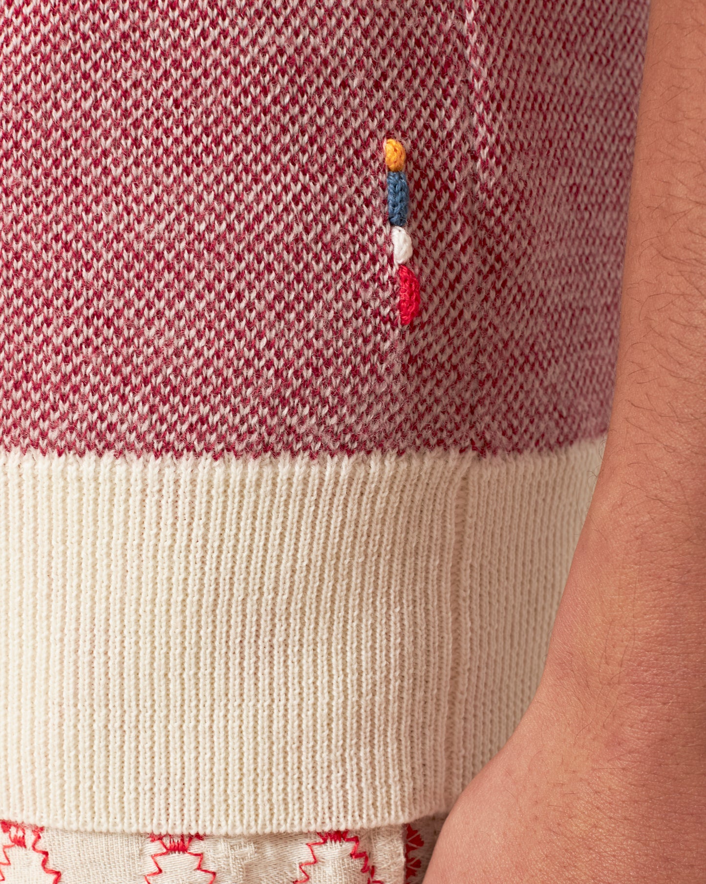 Horton - Tailored Fit Contrast Texture Merino Polo Shirt in Vermillion Red/White Sand Detail 1