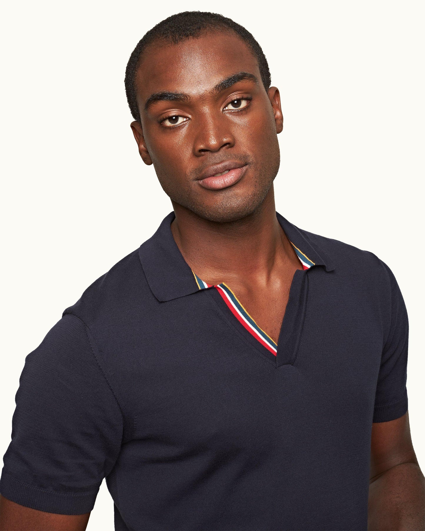 Horton Tipping - Mens Tailored Fit Ob Stripe Tipping Organic Cotton Polo Shirt In Night Iris Blue Detail View