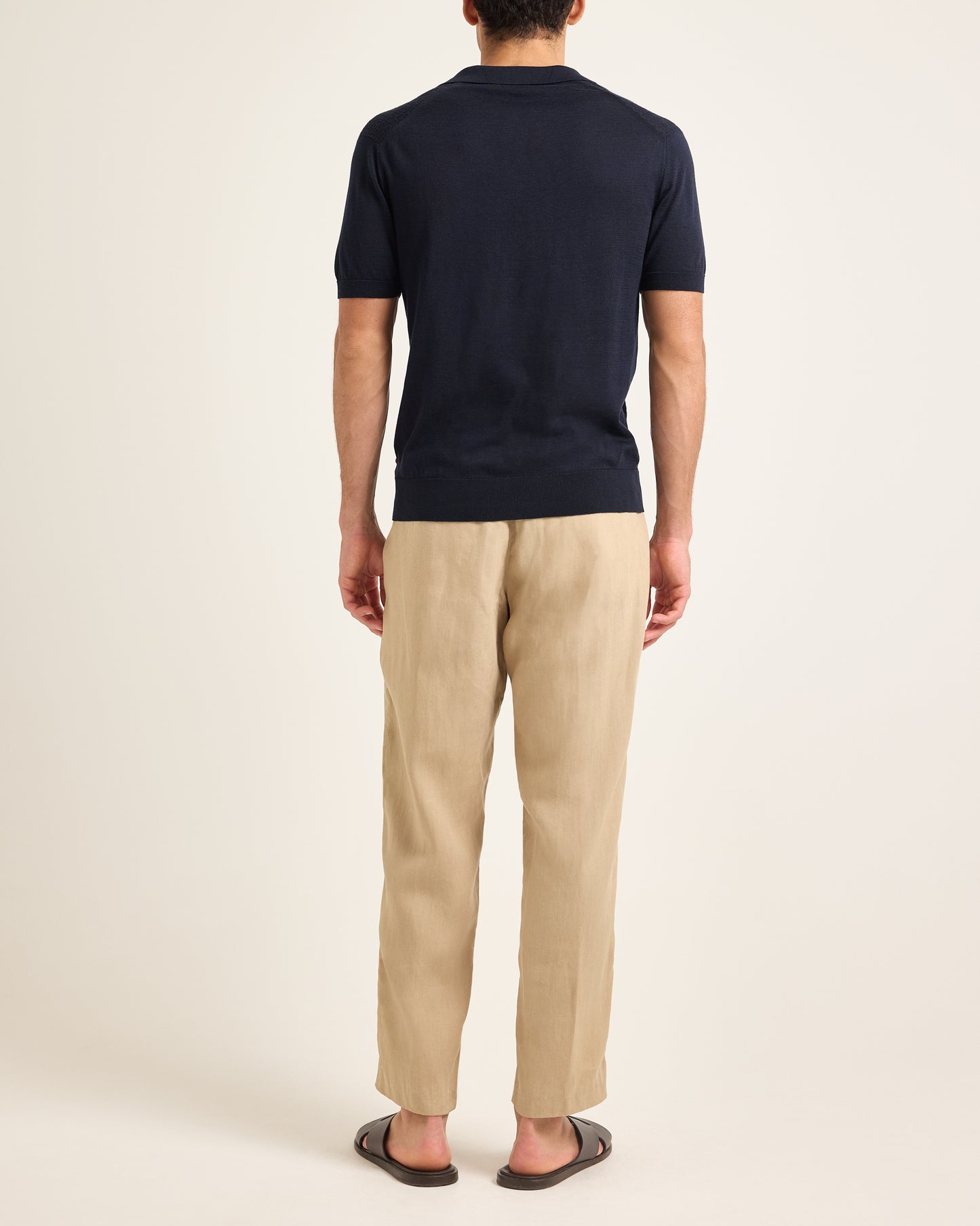 Horton Silk - Tailored Fit Tile Silk-Cotton Polo Shirt In Night Iris Model Back View