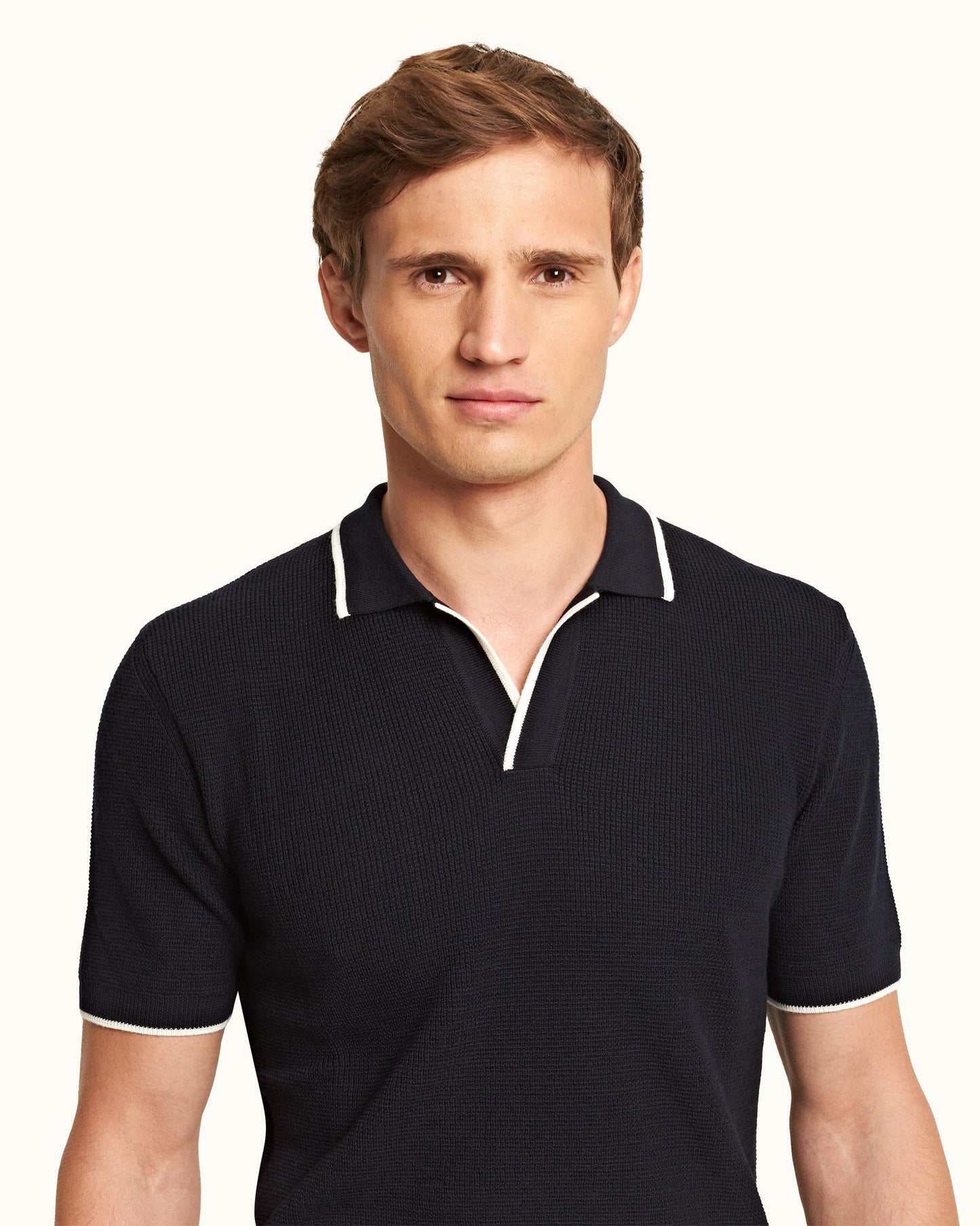 Horton Merino - Mens Navy Stripe Tailored Fit Resort Collar Polo Shirt Collar Detail View