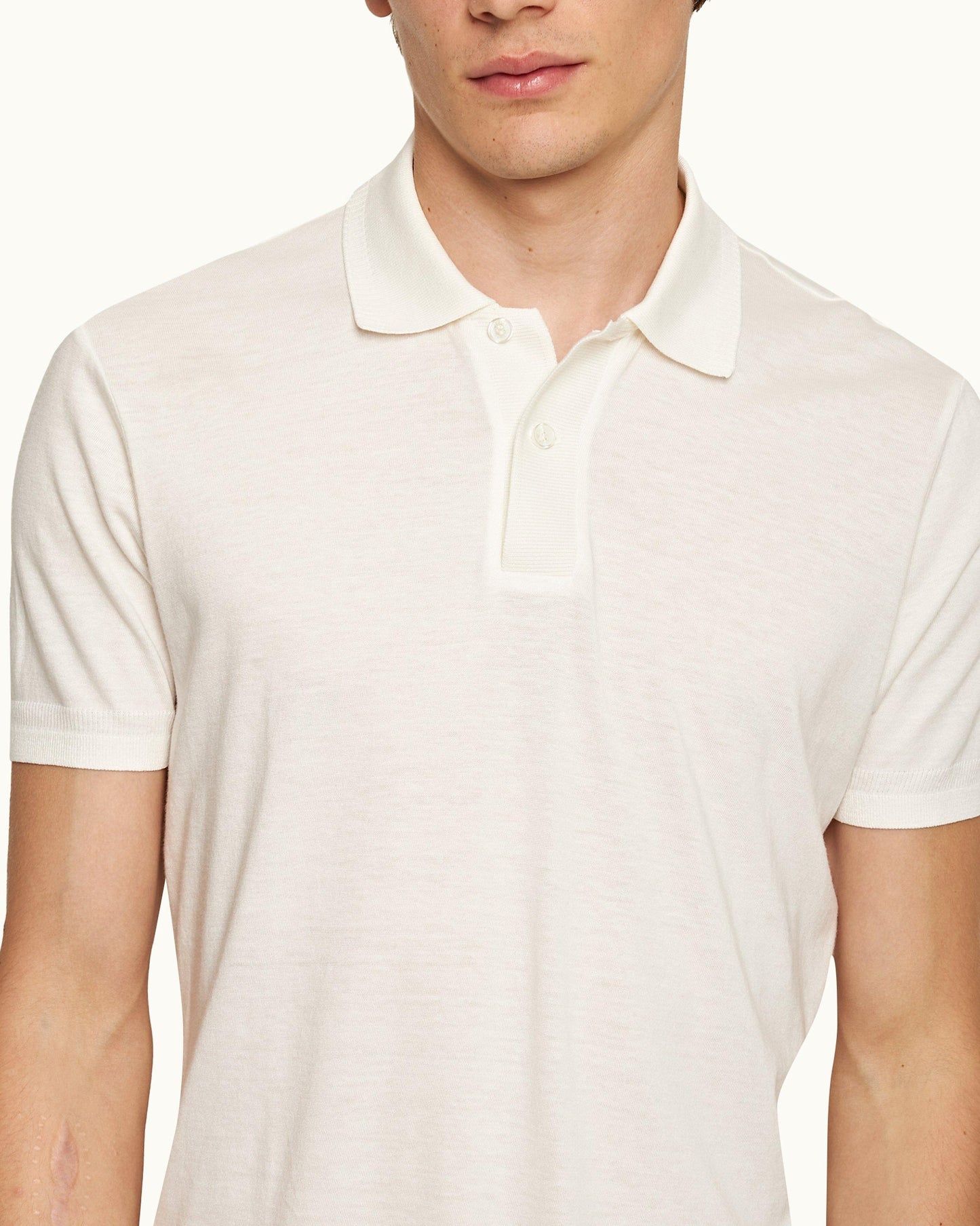 Jarrett Knitted - Mens Classic Fit Knitted Rib Cotton-Modal Polo Shirt In White Sand Detail View