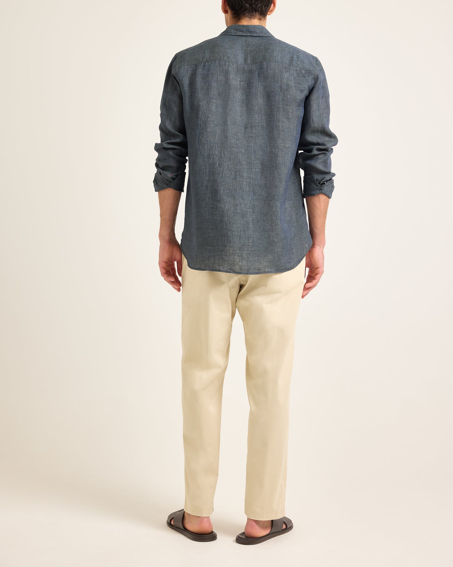 Justin Lino - Relaxed Fit Classic Collar Italian Linen Shirt in Saltwater Blue Model Back View