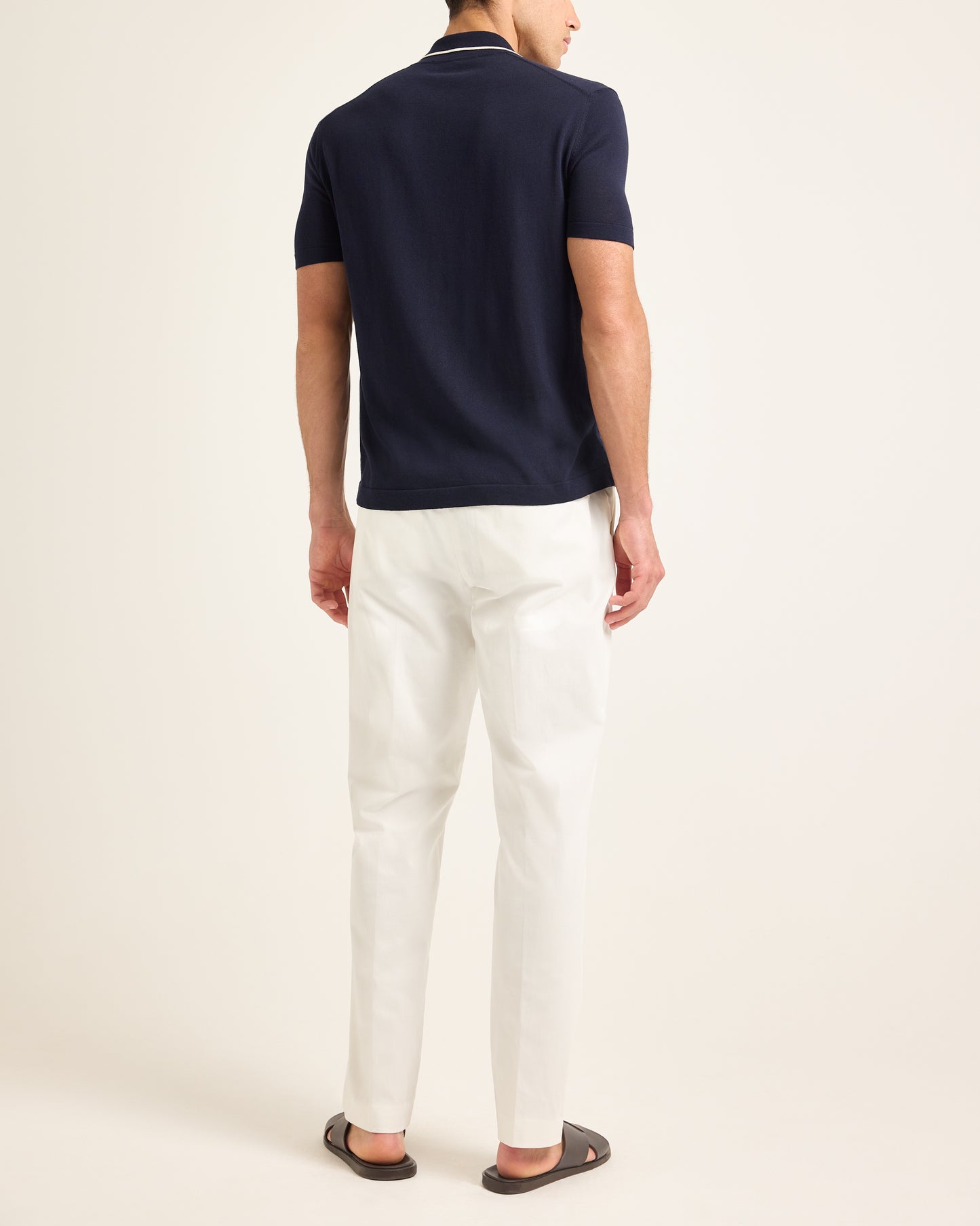Keeling - Classic Fit Tipped Collar Cotton & Silk Knit Polo Shirt in Night Iris/Cashew Model Back View
