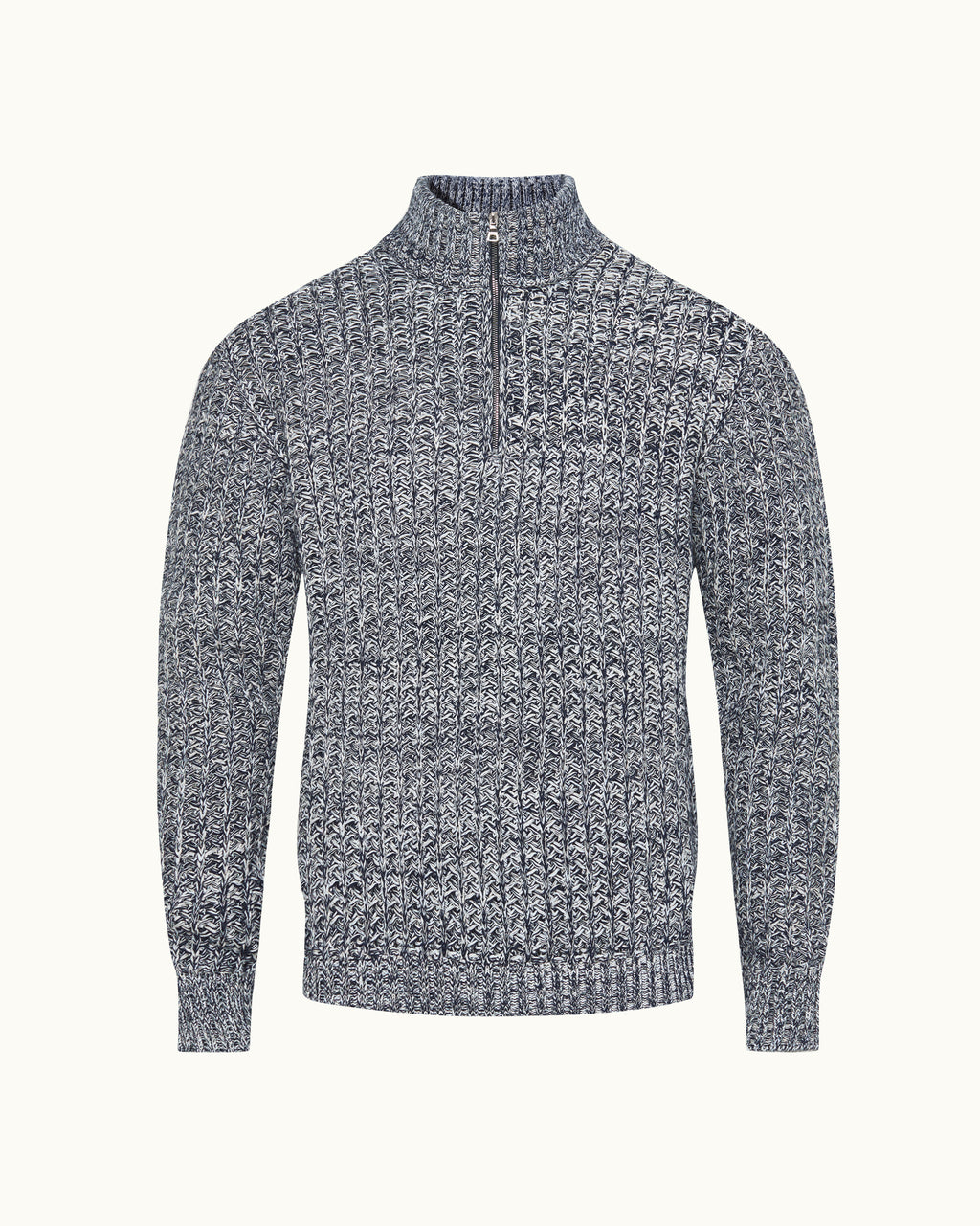 A textured knit quarter-zip sweater in a heathered gray and white pattern, displayed on a clean off-white background.