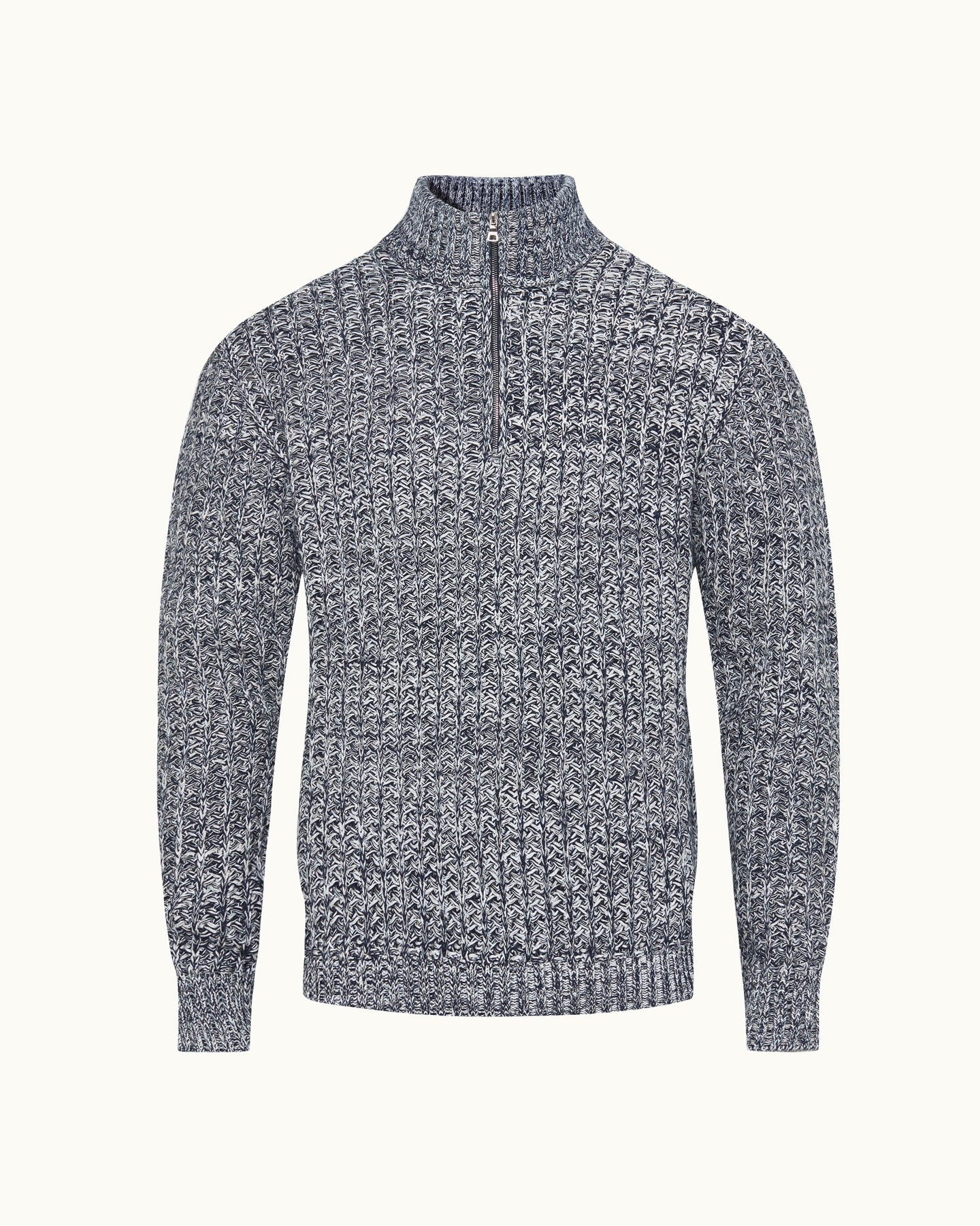 A textured knit quarter-zip sweater in a heathered gray and white pattern, displayed on a clean off-white background.