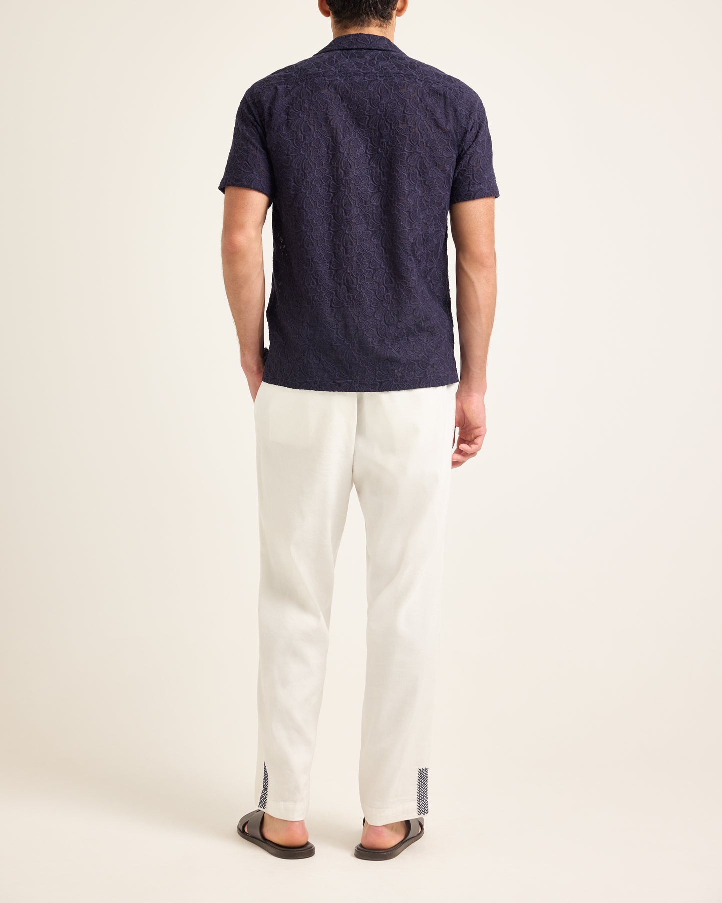 Maitan Broderie - Broderie Anglaise Relaxed Fit Capri Collar Shirt Embroidered in Italy in Night Iris Model Back View