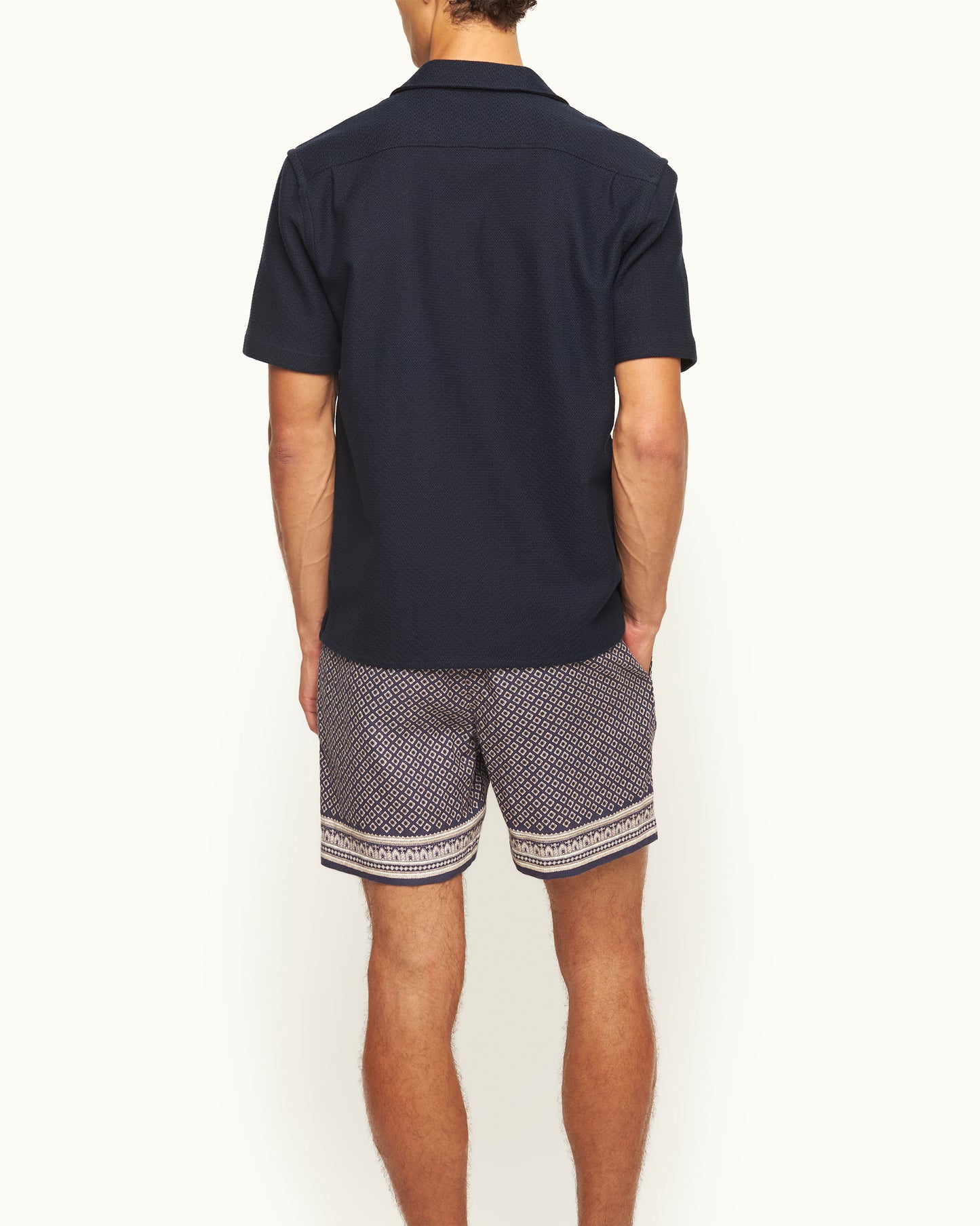 Maitan - Relaxed Fit Capri Collar Open Weave Italian Cotton Shirt in Night Iris Model Back