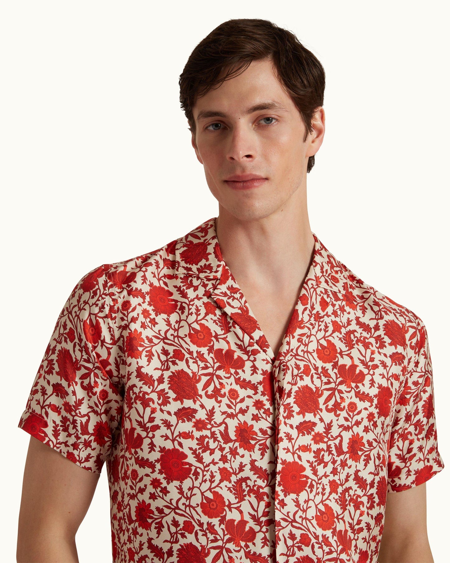 Maitan - Dragonflower Print Silk Relaxed Fit Capri Collar Shirt Woven In Italy in Summer Red/White Sand Detail