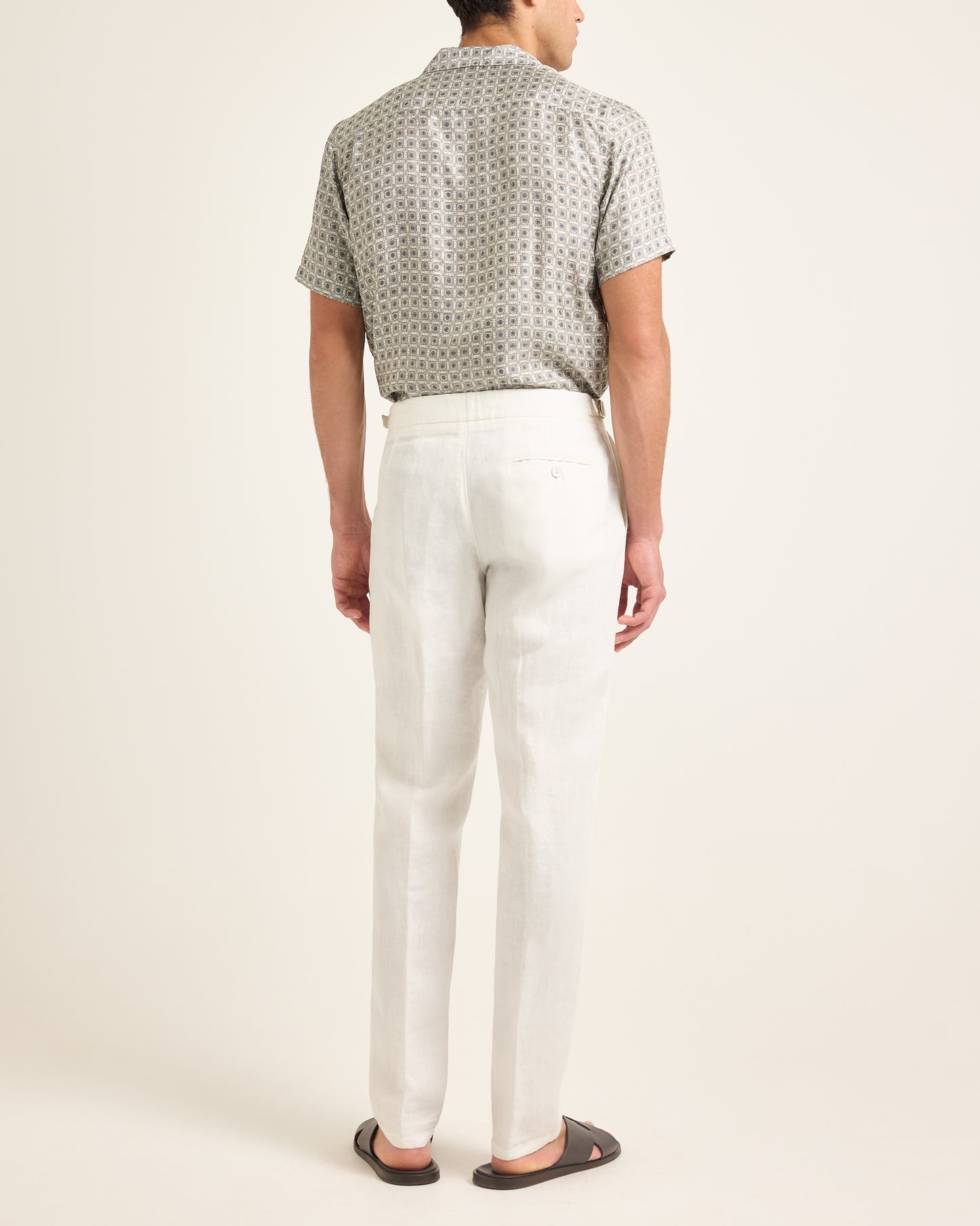 Maitan Silk - Relaxed Fit Capri Collar Solstice Print Silk Shirt in Latte Model Back View