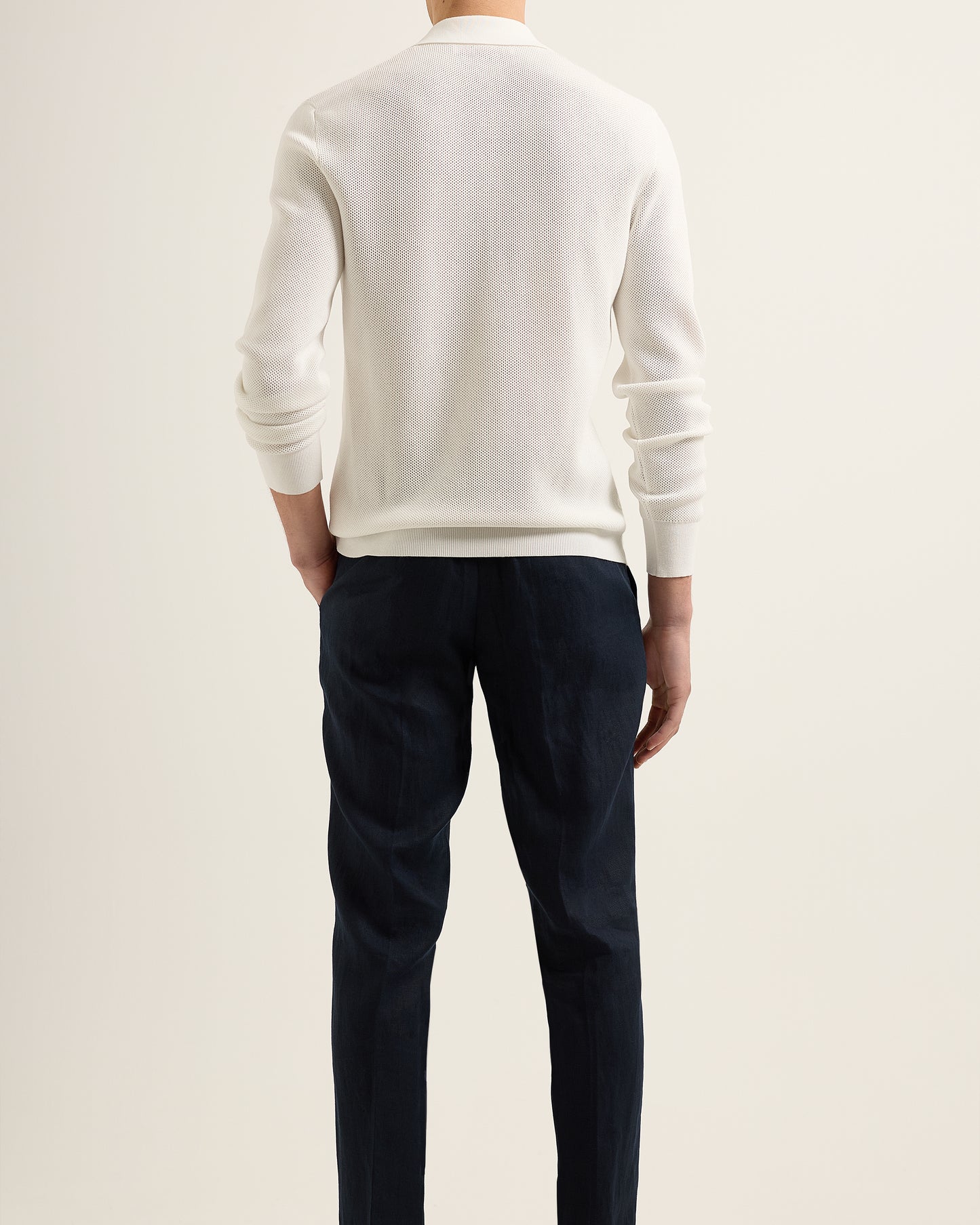 Maranon Pique - Classic Fit, Long Sleeve, Pique Stitch Polo Shirt In White Model Back