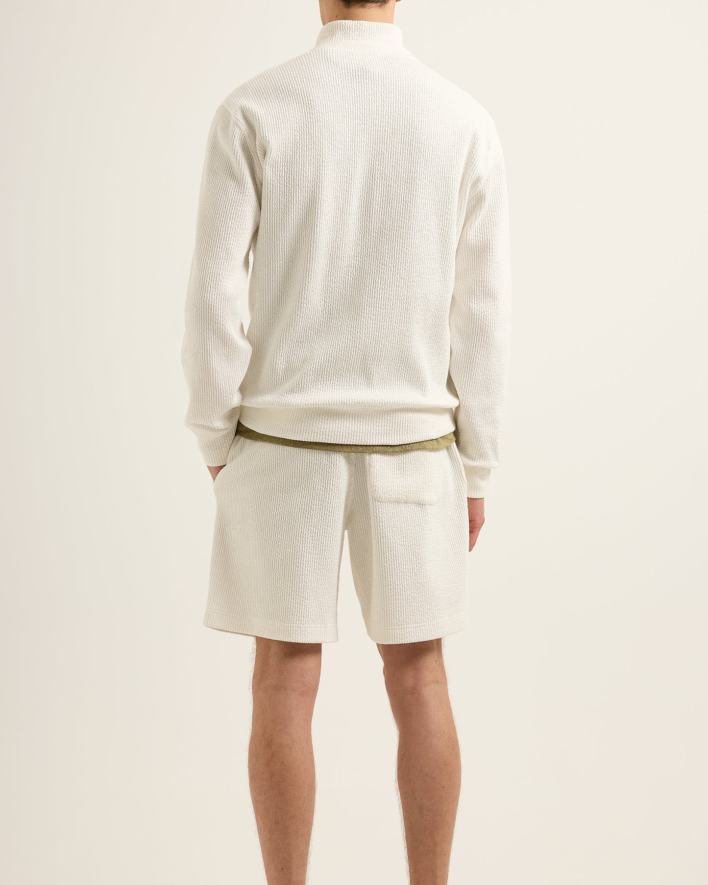 Mazari Seersucker - Classic Fit Capri Collar 3-Button Seersucker Jumper In White Sand Model Back