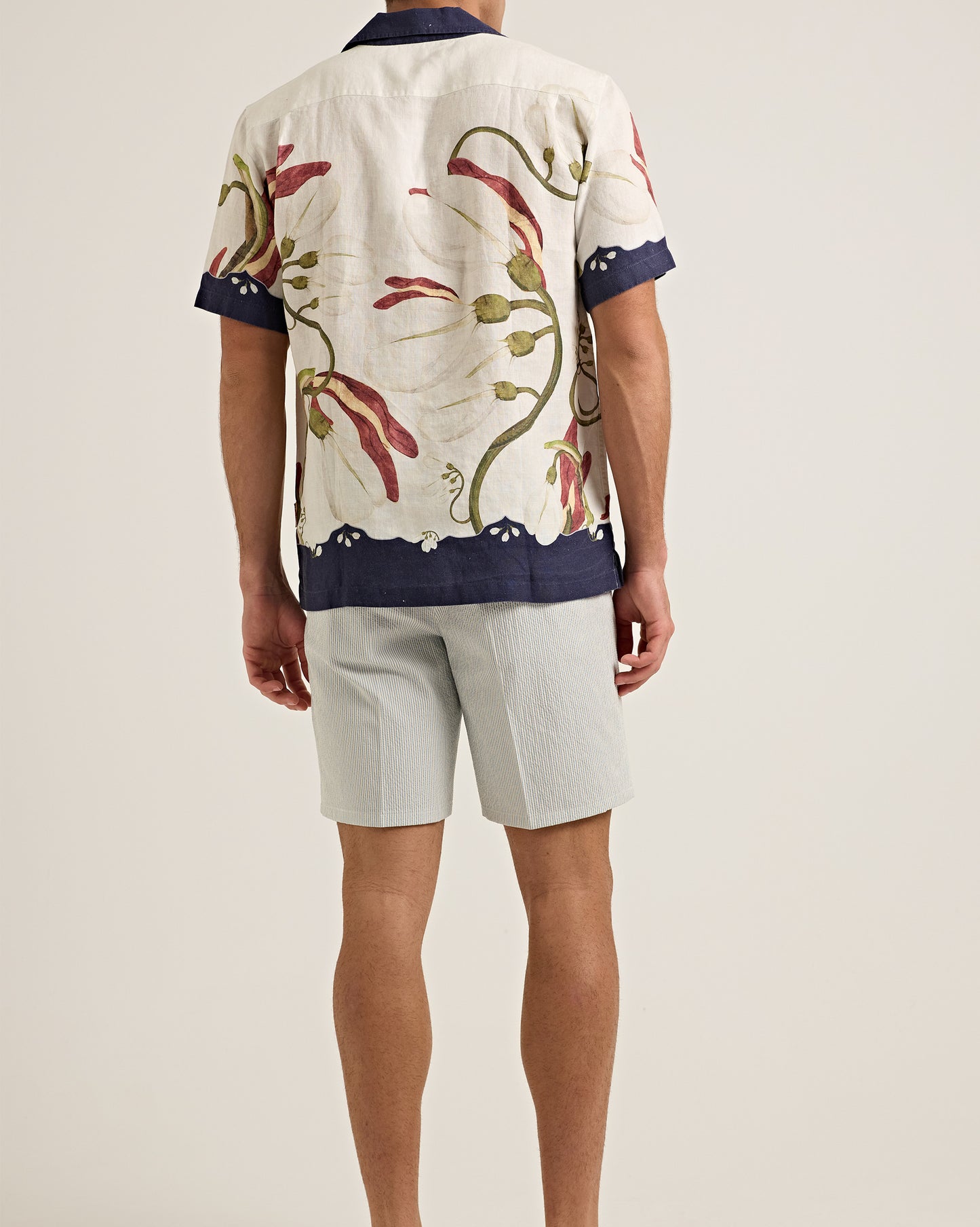 Norwich Seersucker - Tailored Fit Seersucker Shorts in Wave Blue/White Sand Stripe Model Back View