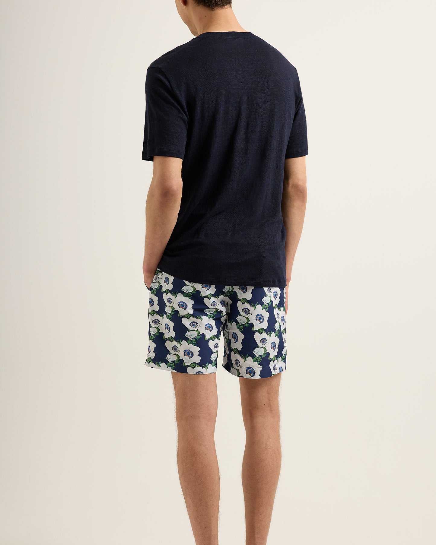 Ob Standard T Linen - Easy Fit Stretch Linen T-Shirt in Night Iris Blue Model Back