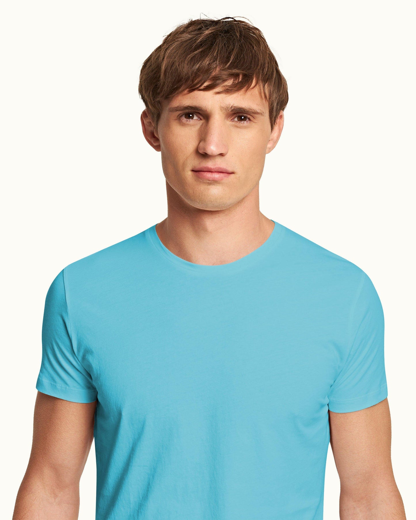 Ob-T - Tailored Fit Crew Neck Cotton T-shirt In Aqua Blue Detail Collar