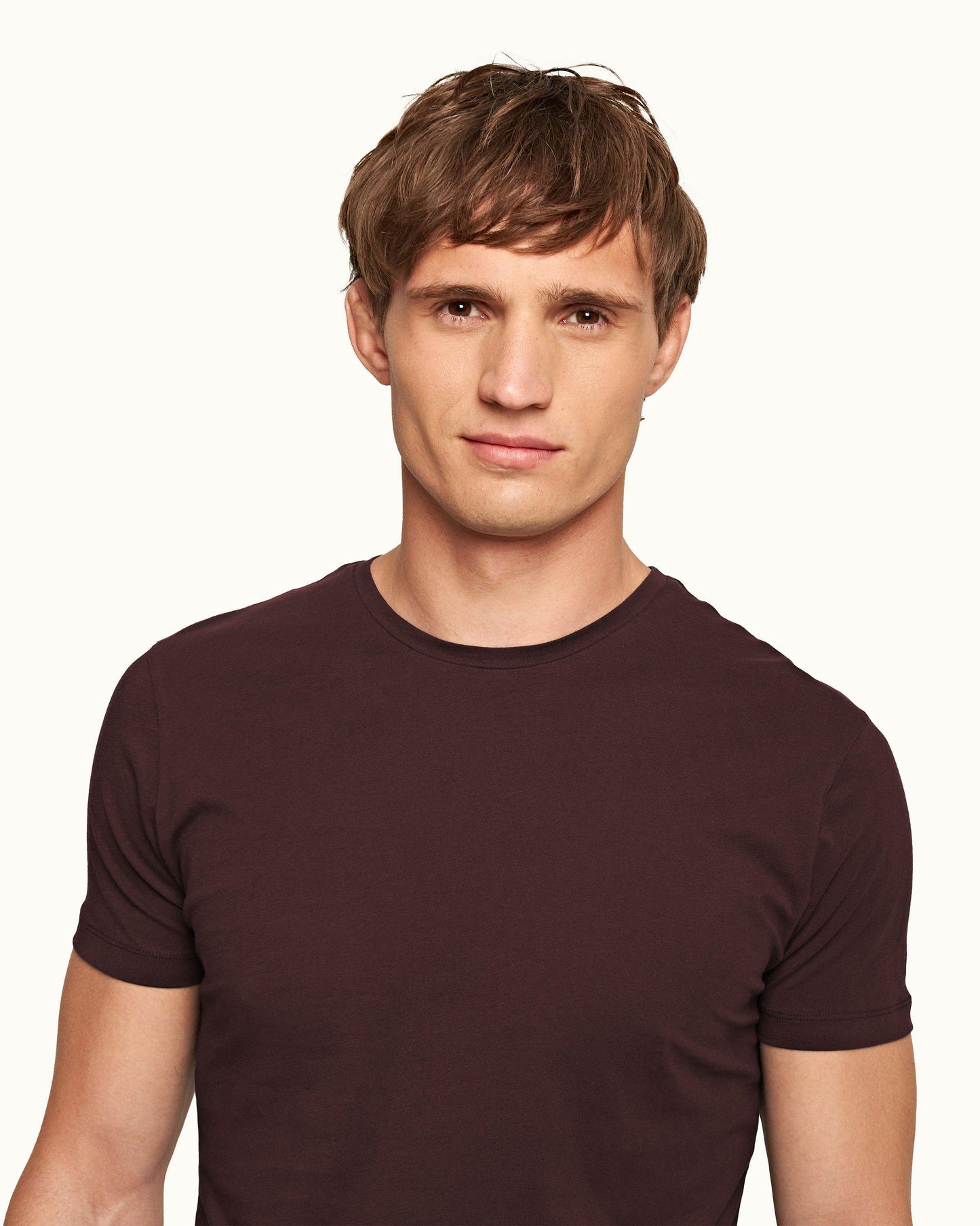 Ob-T - Tailored Fit Crew Neck Cotton T-shirt In Damson Detail Collar