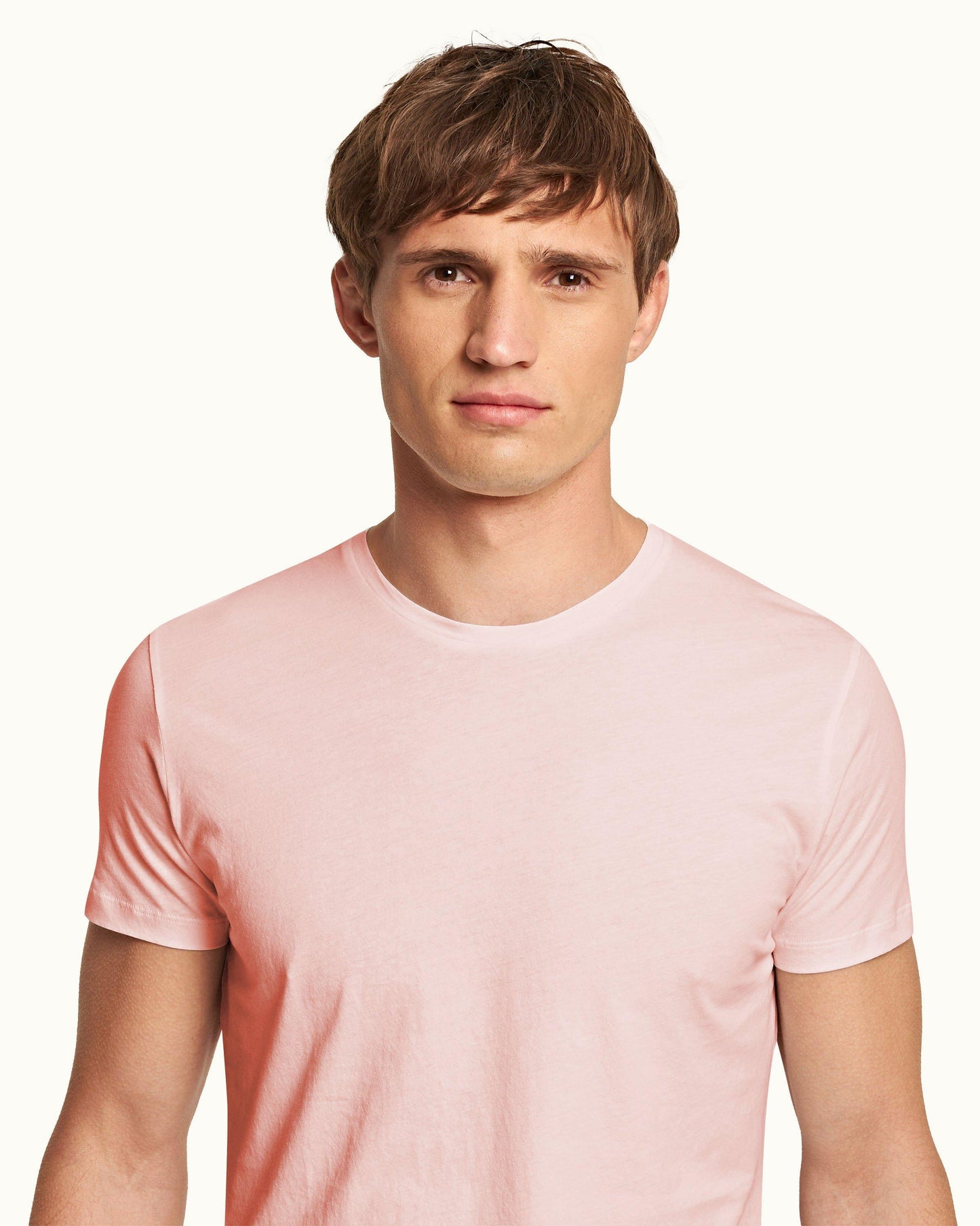Ob-T - Tailored Fit Crew Neck Cotton T-shirt In Pink Sand Detail Collar