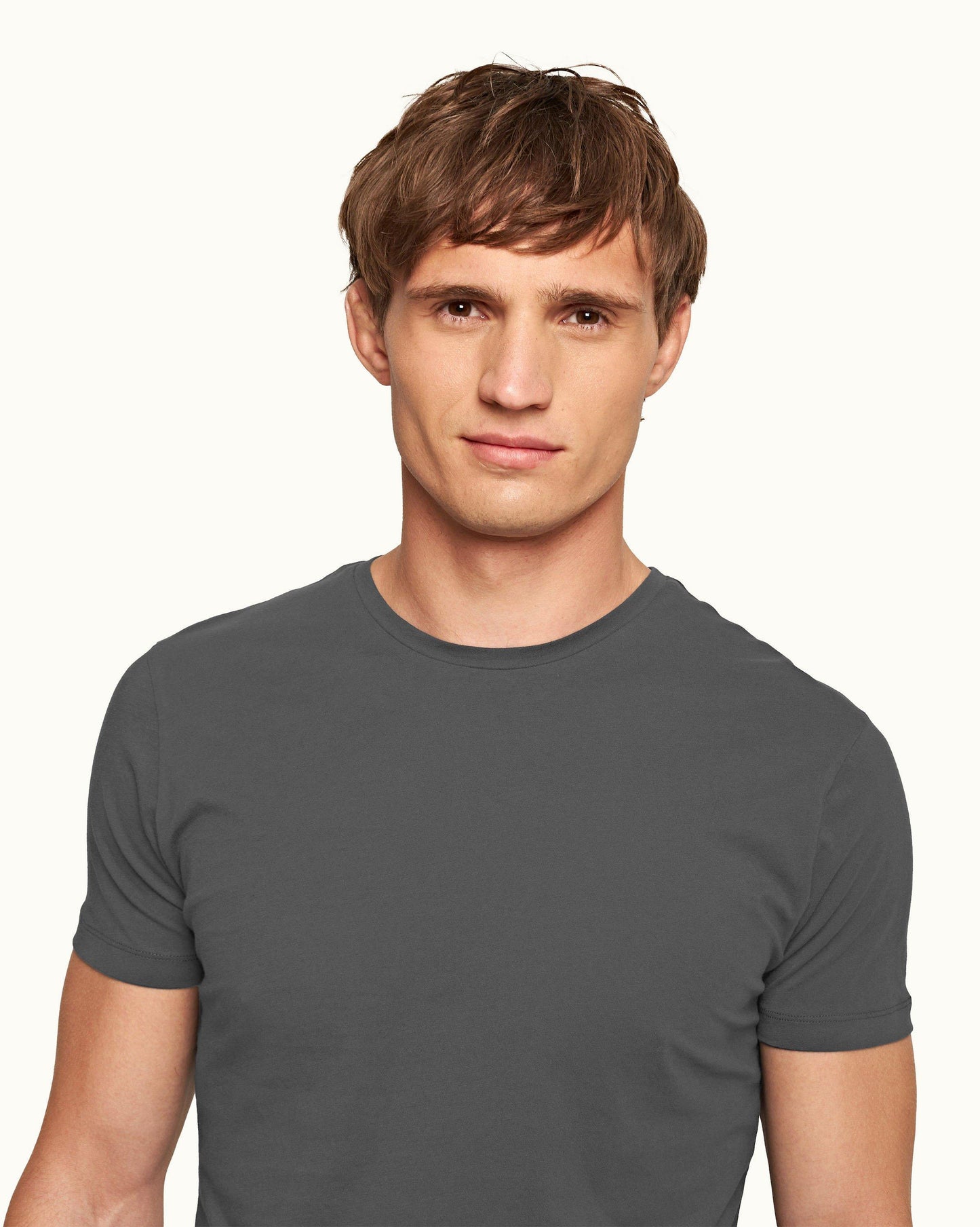 Ob-T - Tailored Fit Crew Neck Cotton T-shirt In Storm Grey Detail Collar