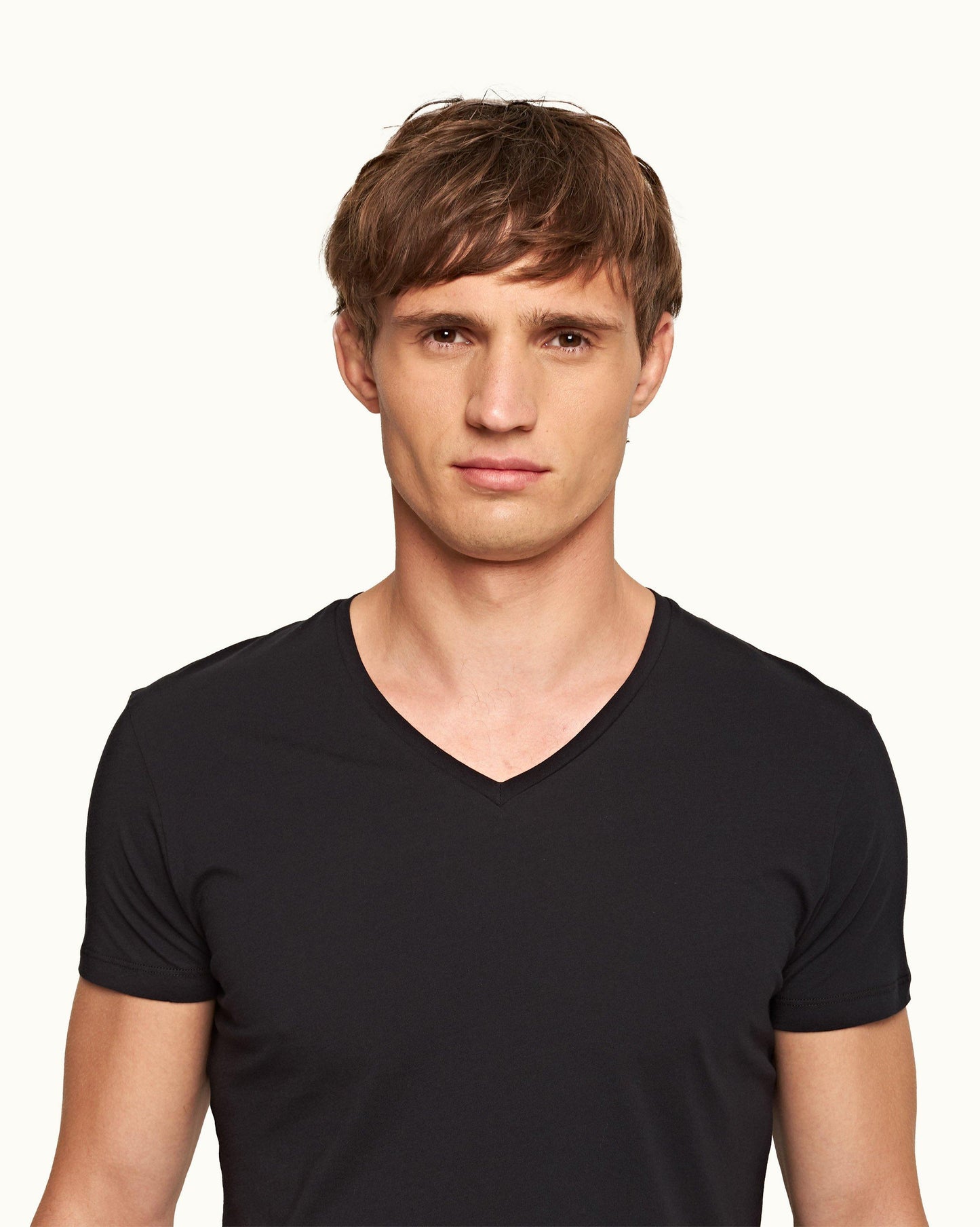 Ob-V - Mens Black Tailored Fit V-Neck T-Shirt Collar Detail View