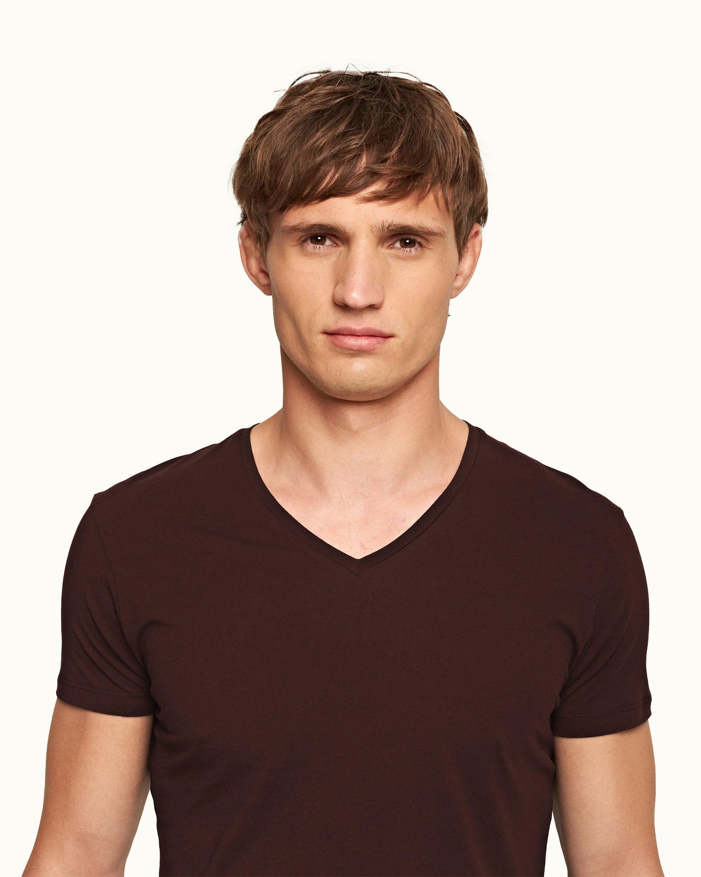 Ob-V - Tailored Fit V-neck T-Shirt In Damson Detail Collar