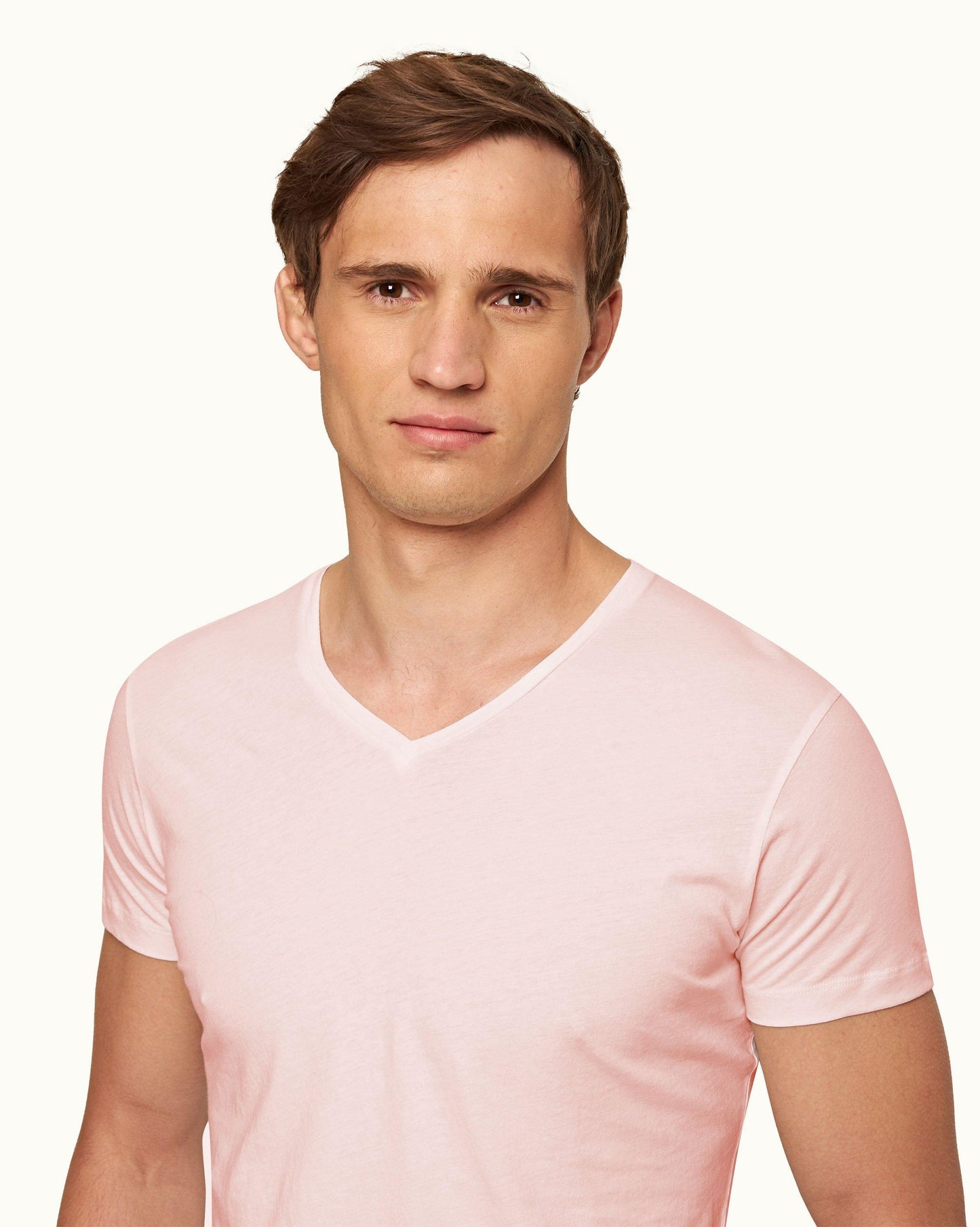 Ob-V - Tailored Fit V-neck T-Shirt In Pink Sand Detail Collar