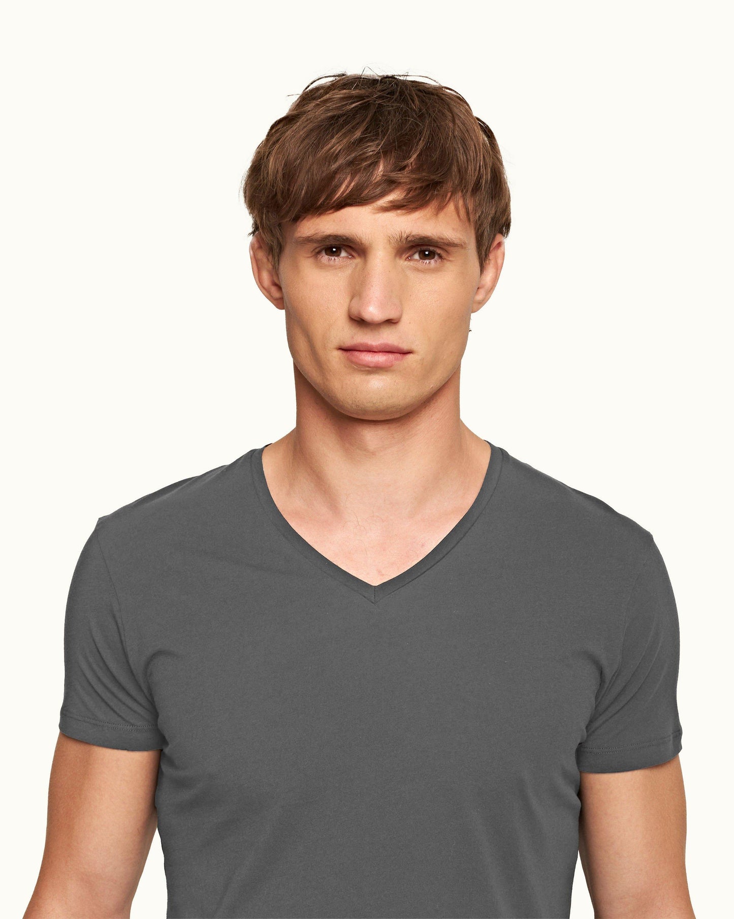 Ob-V - Tailored Fit V-neck T-Shirt In Storm Grey Detail Collar