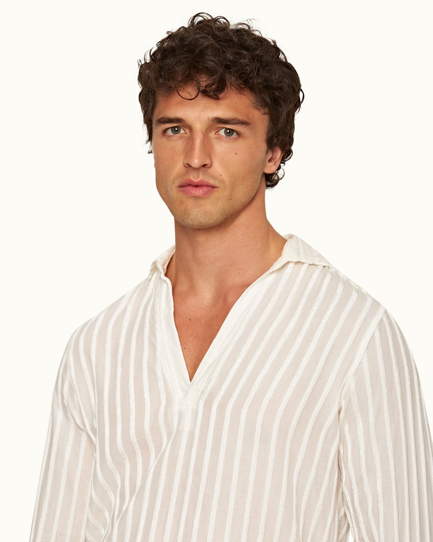 Ridley - Mens Tonal Chenille Stripe Relaxed Fit Overhead Shirt In White Detail View