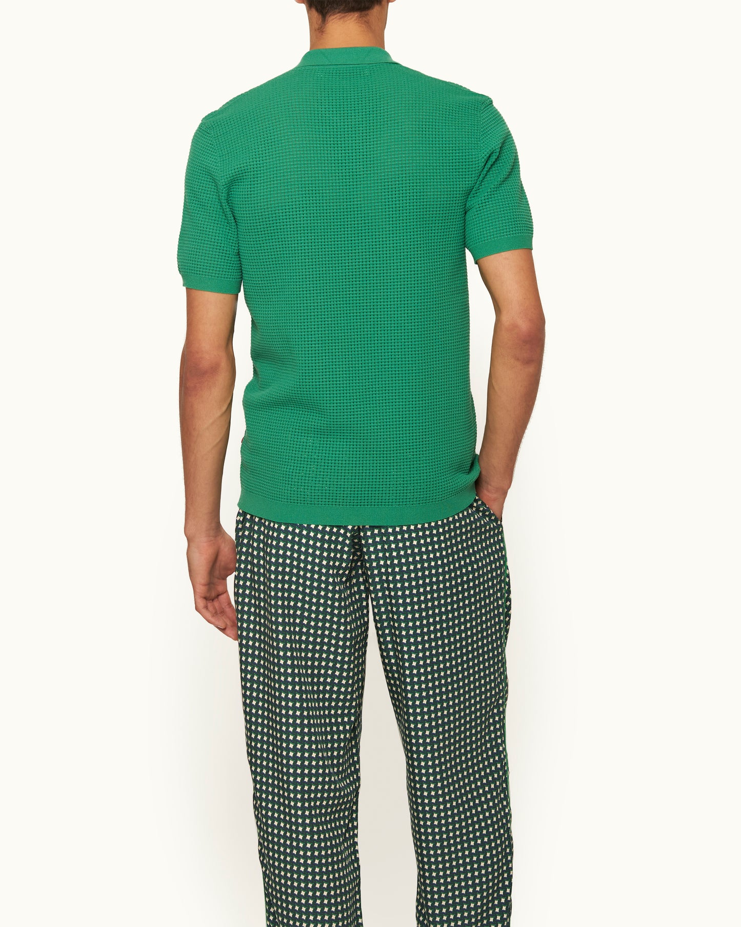 Roddy - Classic Fit Open Mesh Waffle Stitch Polo Shirt in Caddie Green Model Back