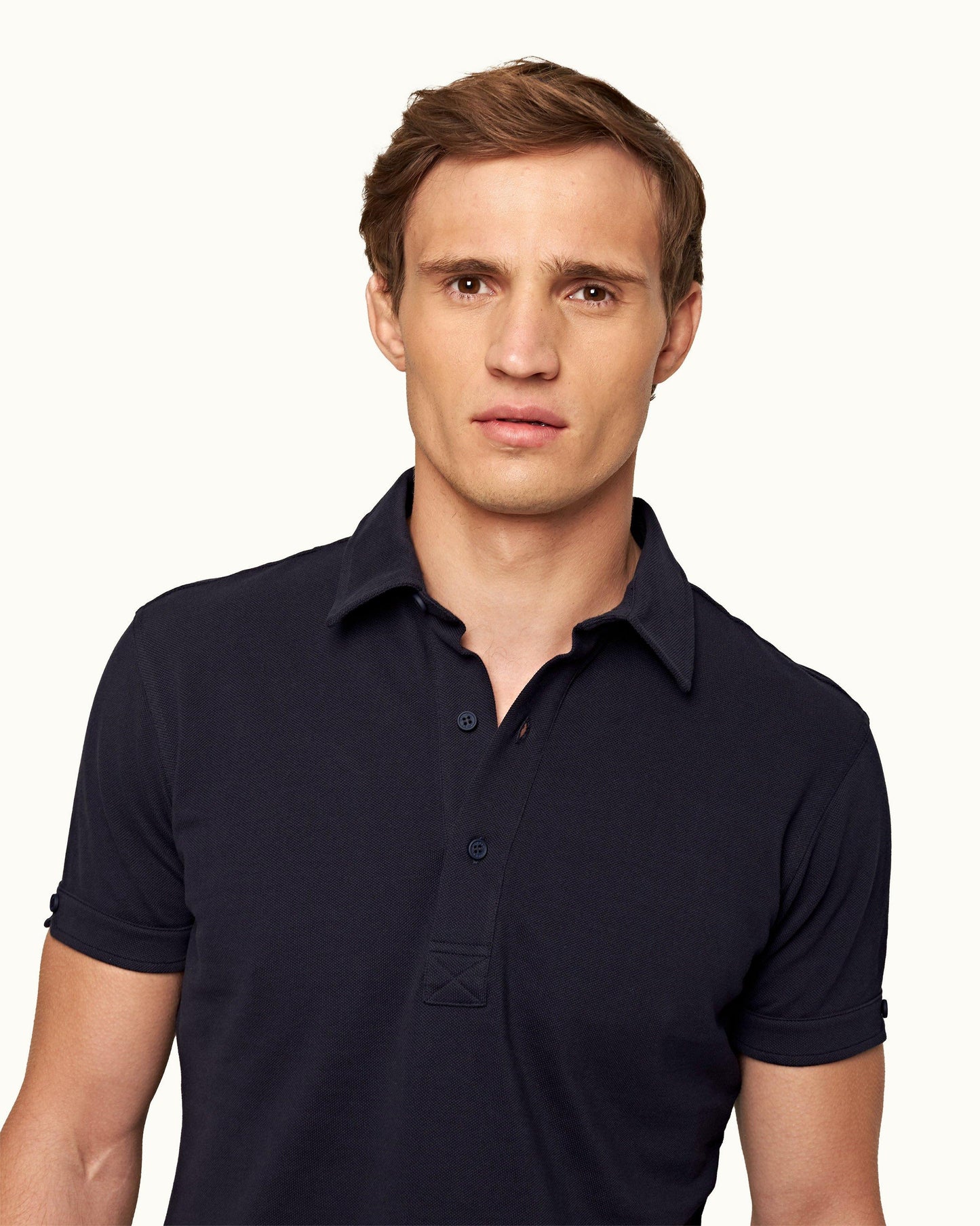 Sebastian - Mens Navy Tailored Fit Pique Polo Shirt Collar Detail View