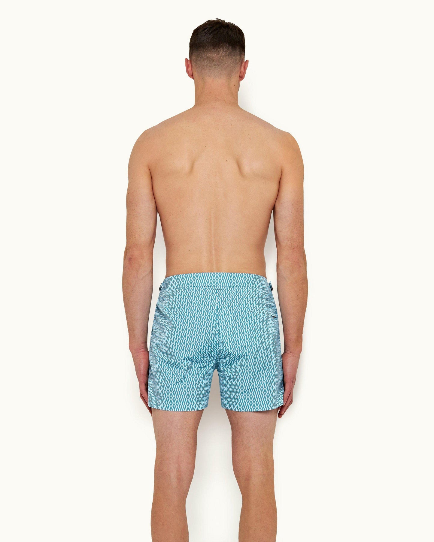Setter - Mens Cerulean/White Aldo Geometric Print Shorter-Length Swim Shorts Back Model View