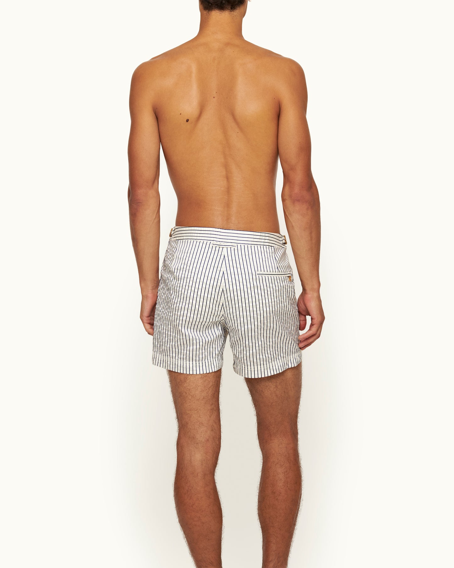Setter - Shorter-Length Classic Textured Stripe Swim Shorts in White Sand/River Blue Keylook Back