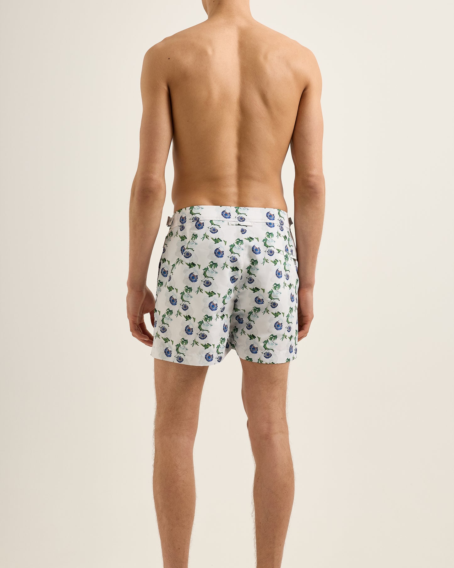 Setter - Shorter-Length Coronaria Print Swim Shorts in White Sand Model Back
