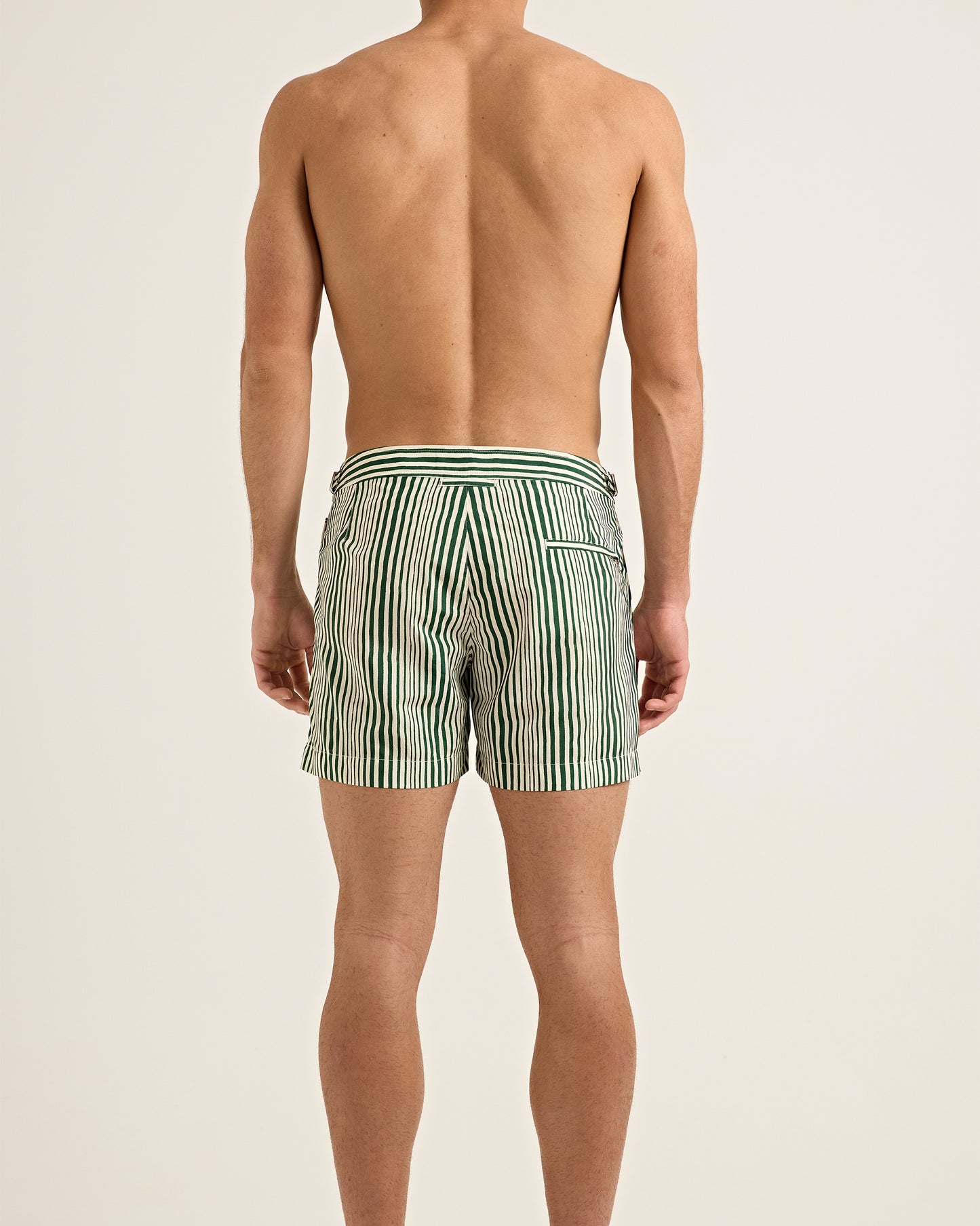 Setter - Shorter-Length Shore Strpe Swim Shorts in Caddie Green/White Model Back View