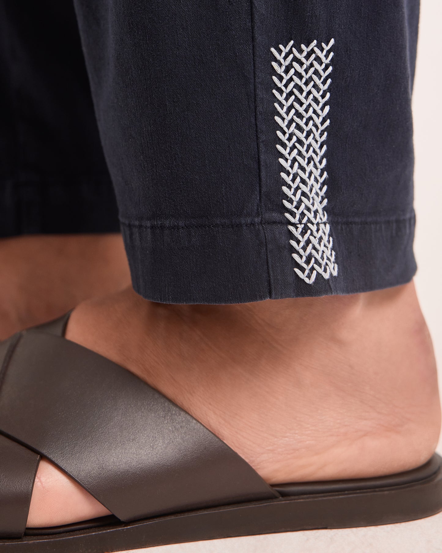 Sonoran - Relaxed Fit Linen Blend Botanic Embroidery Trousers in Night Iris Detail View