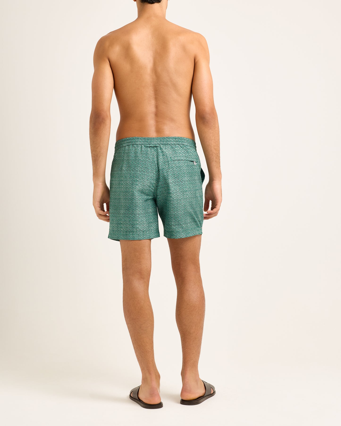 Standard - Mid-Length Riptide Print Drawcord Swim Shorts in Caddie Green Model Back View