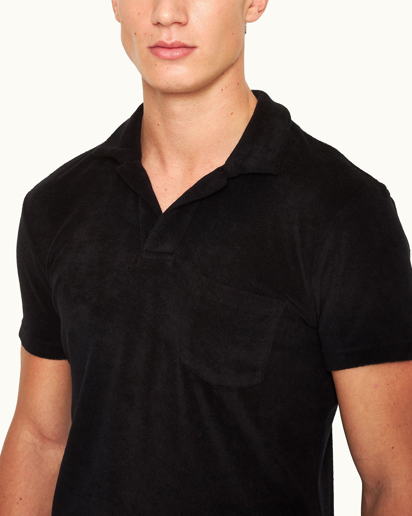 Terry Towelling - Tailored Fit Cotton Towelling Resort Polo Shirt in Black Detail