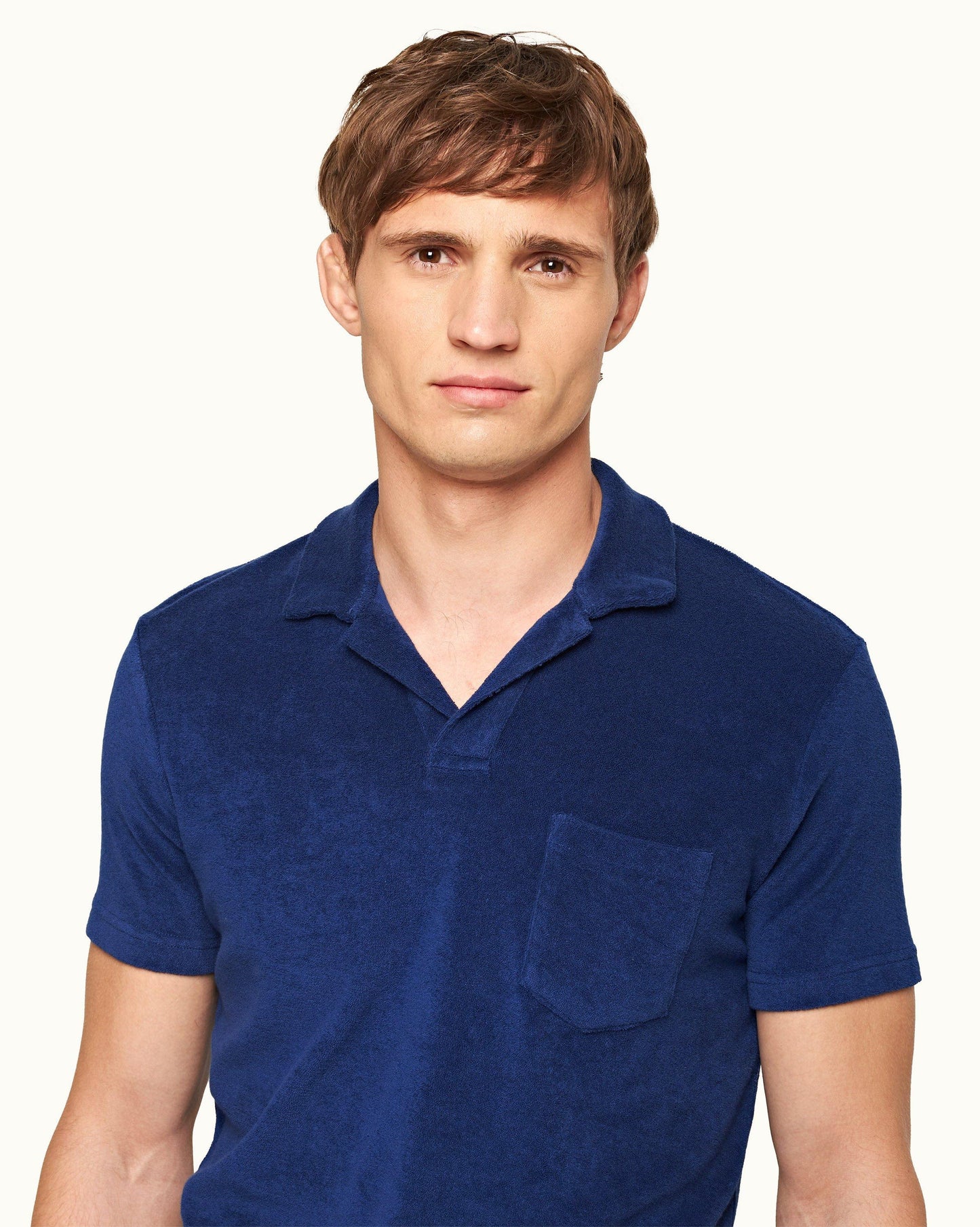 Terry Towelling - Mens Blue Wash Tailored Fit Towelling Resort Polo Shirt Collar Detail View