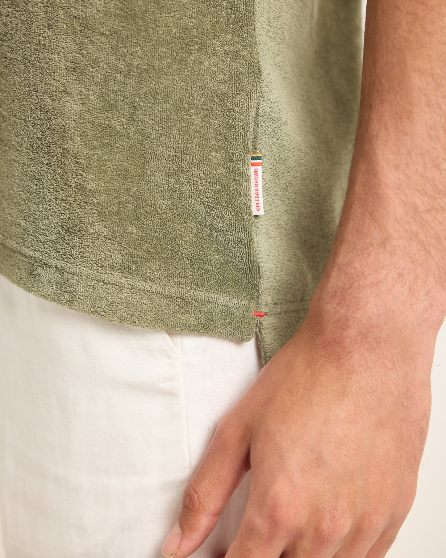 Terry Towelling - Tailored Fit Cotton Towelling Resort Polo Shirt in Herbal Green Detail View