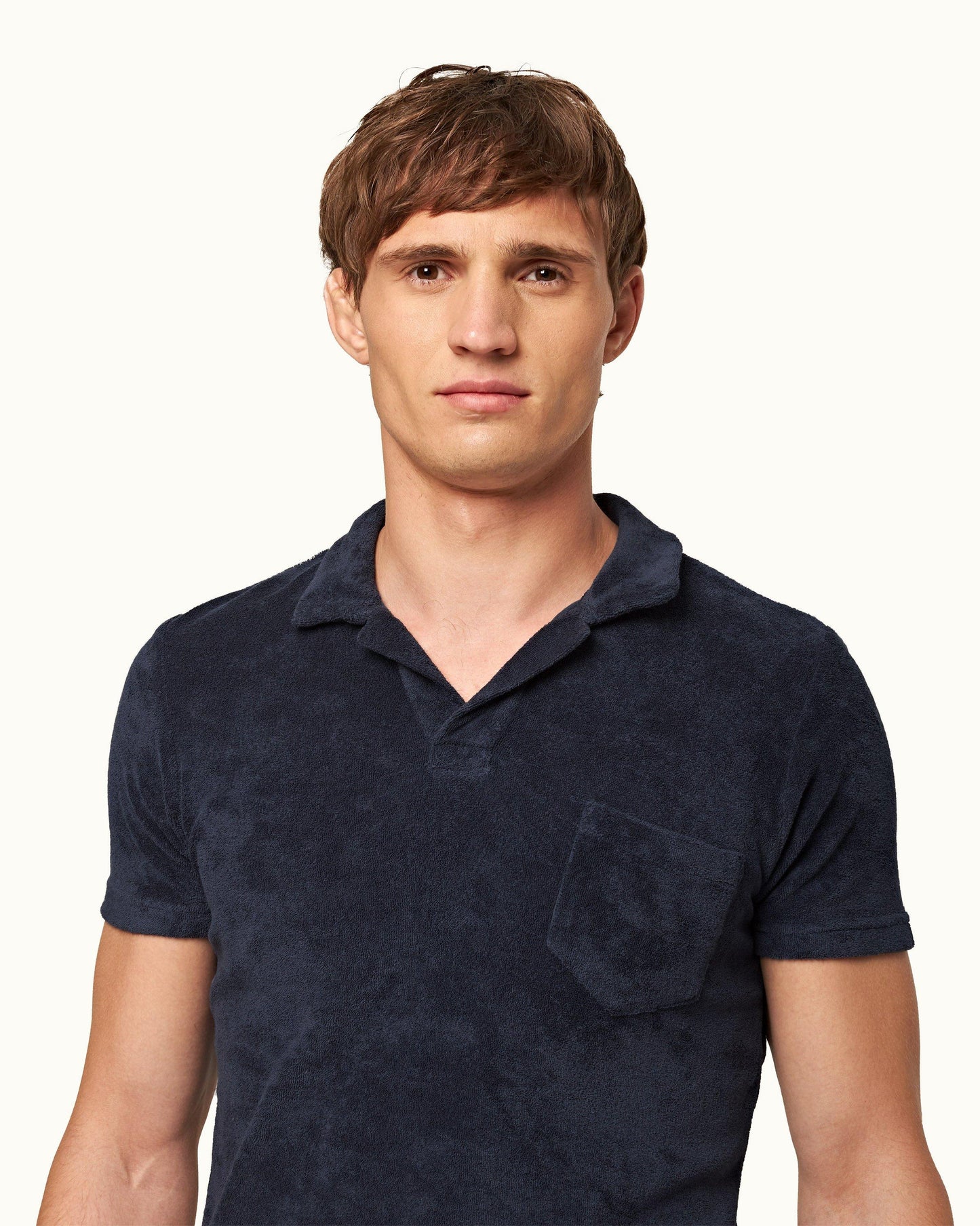 Terry Towelling - Mens Navy Towelling Resort Polo Shirt Collar Detail View