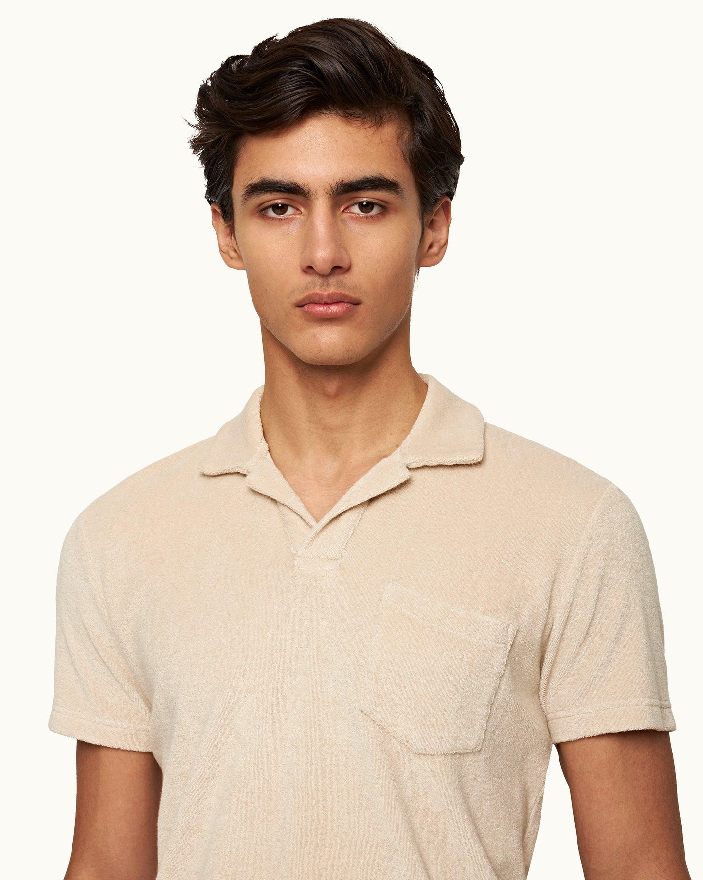 Terry Towelling - Mens 007 Taupe Tailored Fit Organic Cotton Towelling Resort Polo Shirt Detail View