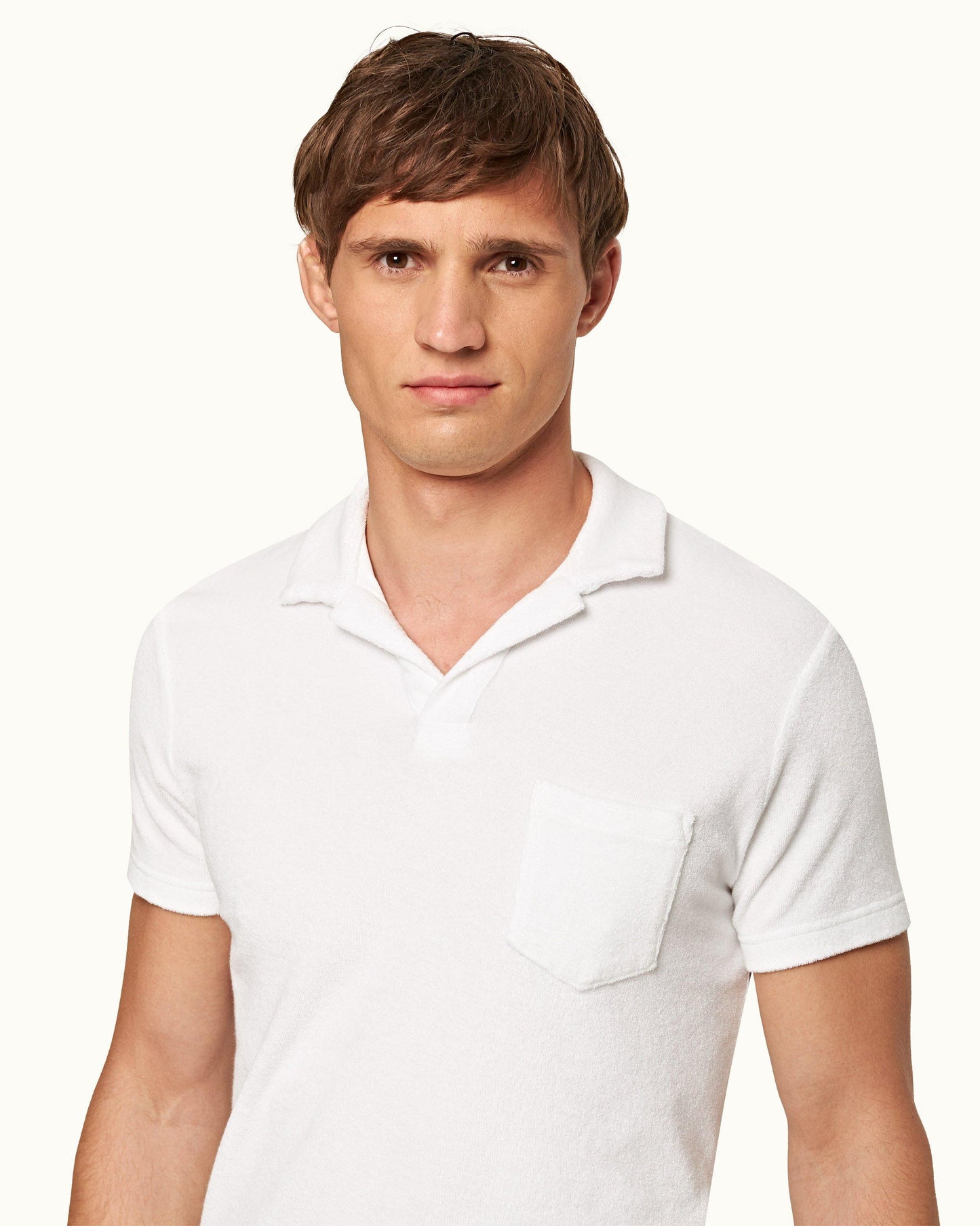 Terry Towelling - Mens White Towelling Resort Polo Shirt Collar Detail View