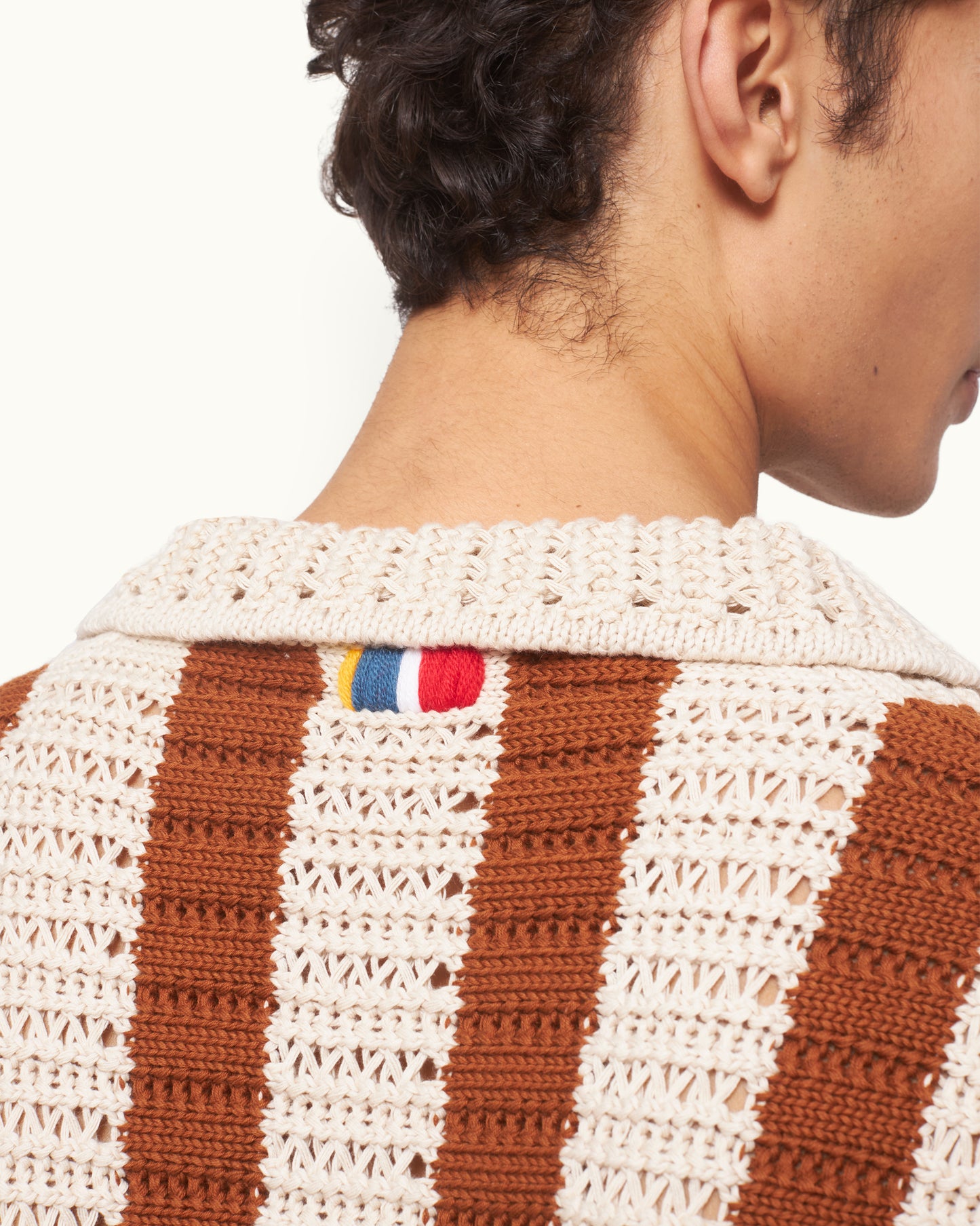 Thomas Crochet - Relaxed Fit Crochet Stitch Organic Cotton Shirt in Canela/Cashew Detail 1