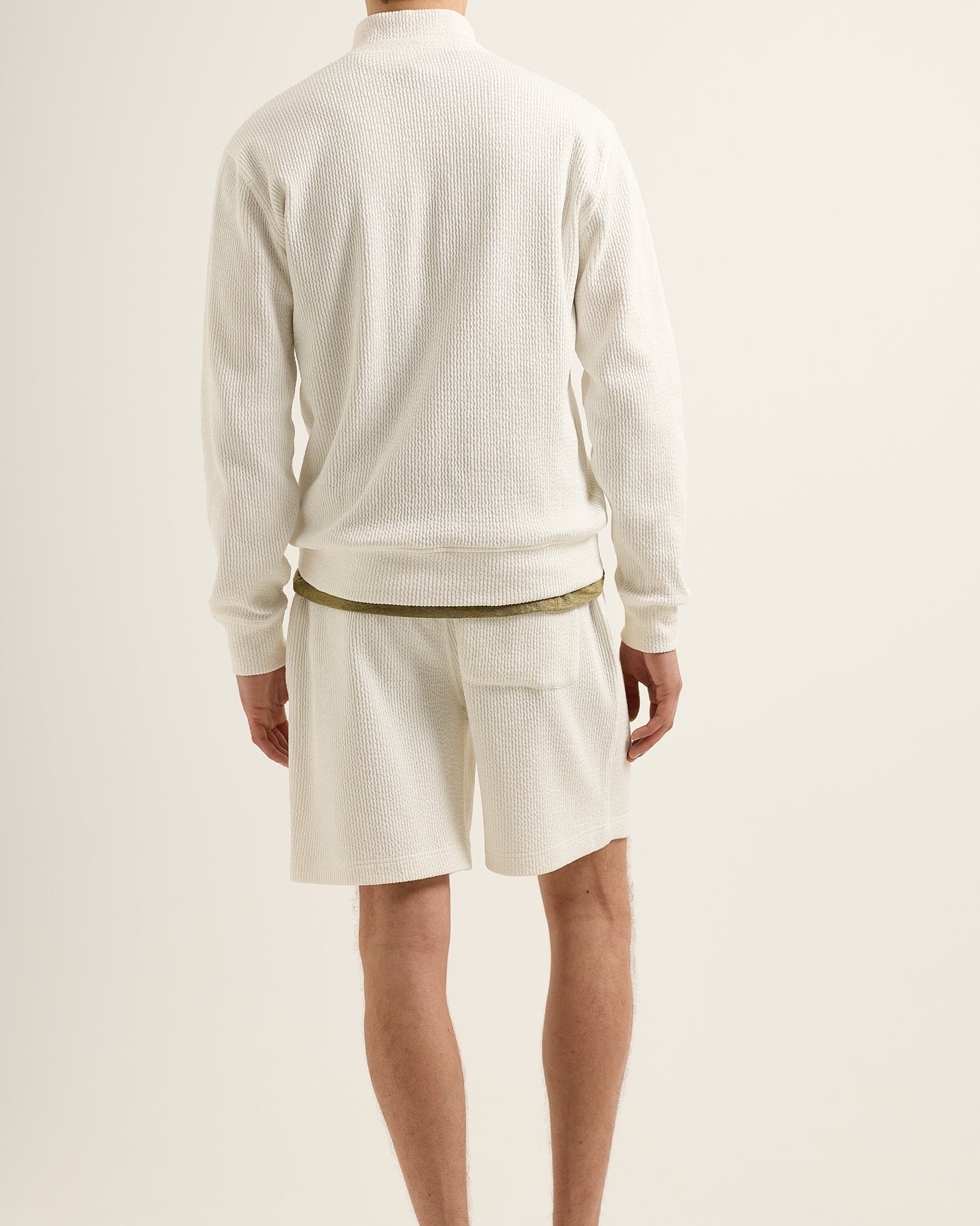 Trevone Seersucker - Classic Fit Seersucker Sweat Drawcord Shorts in White Sand Model Back