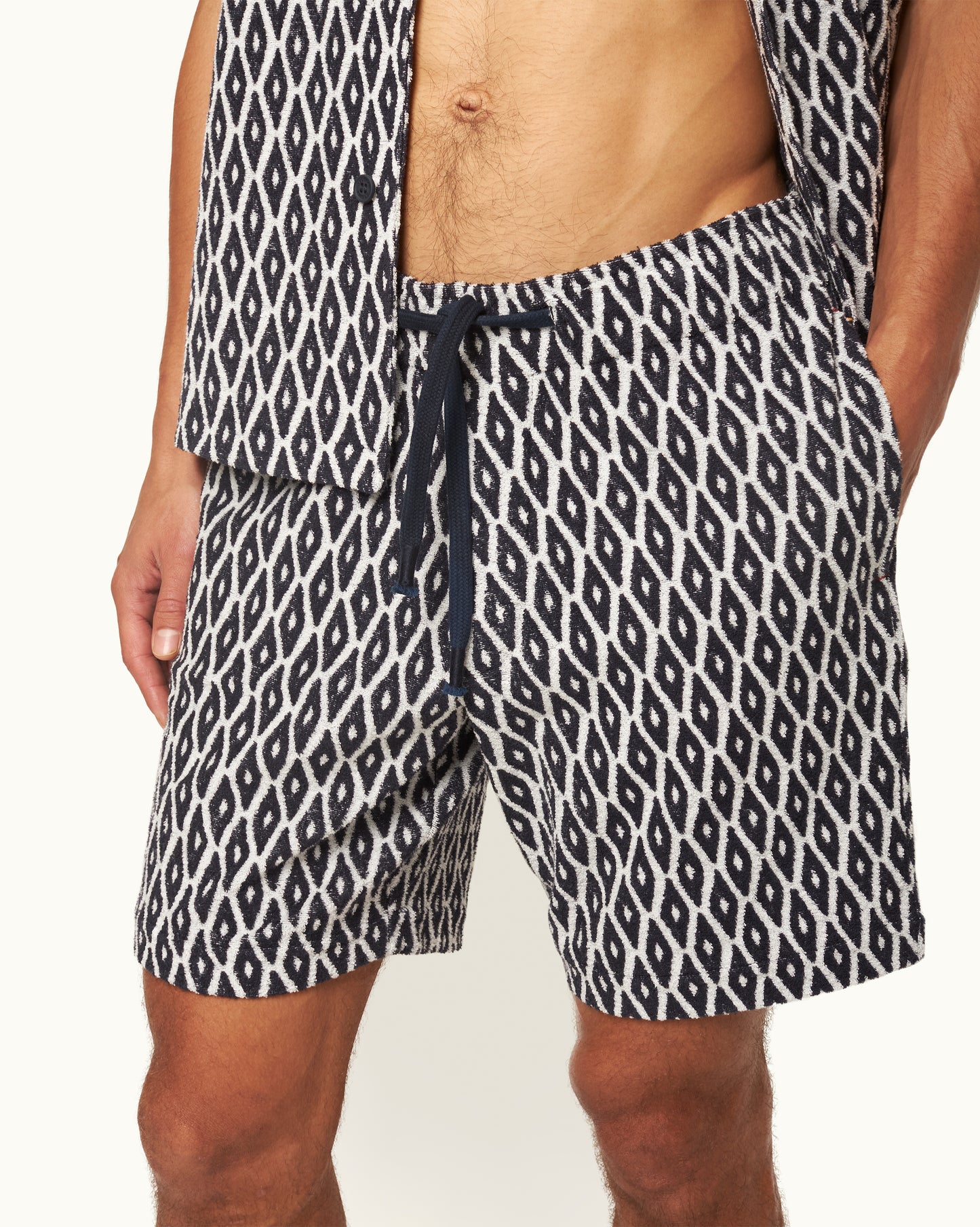 Trevone - Classic Fit Geometric Towelling Drawcord Sweat Shorts in Night Iris Detail