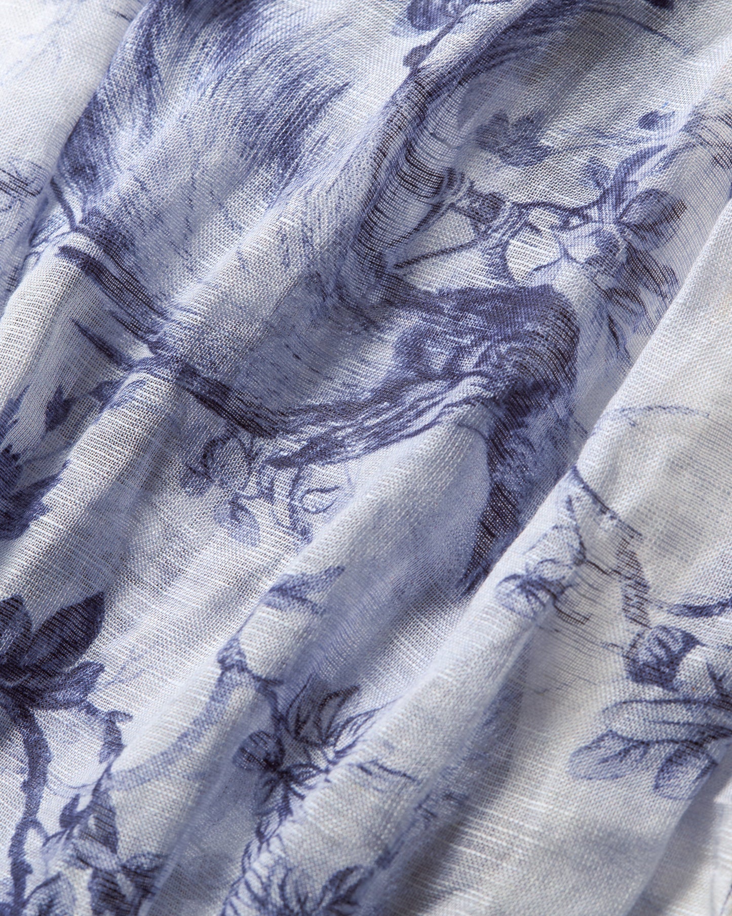 Close-up of a fabric with blue floral pattern on white background