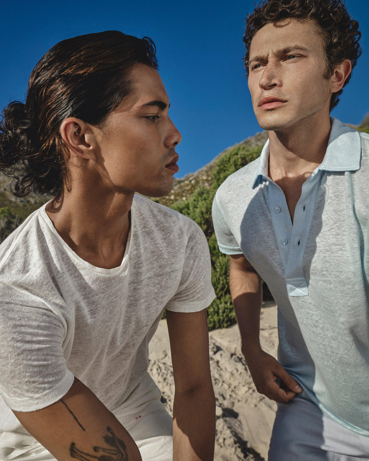 Ob-T Linen - Mens White Sand Tailored Fit Crewneck Linen T-Shirt Campaign Image