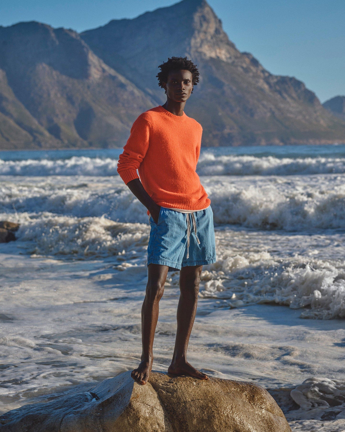 Ambrose Denim - Mens Washed Indigo Relaxed Fit Drawcord Denim Shorts Campaign Image