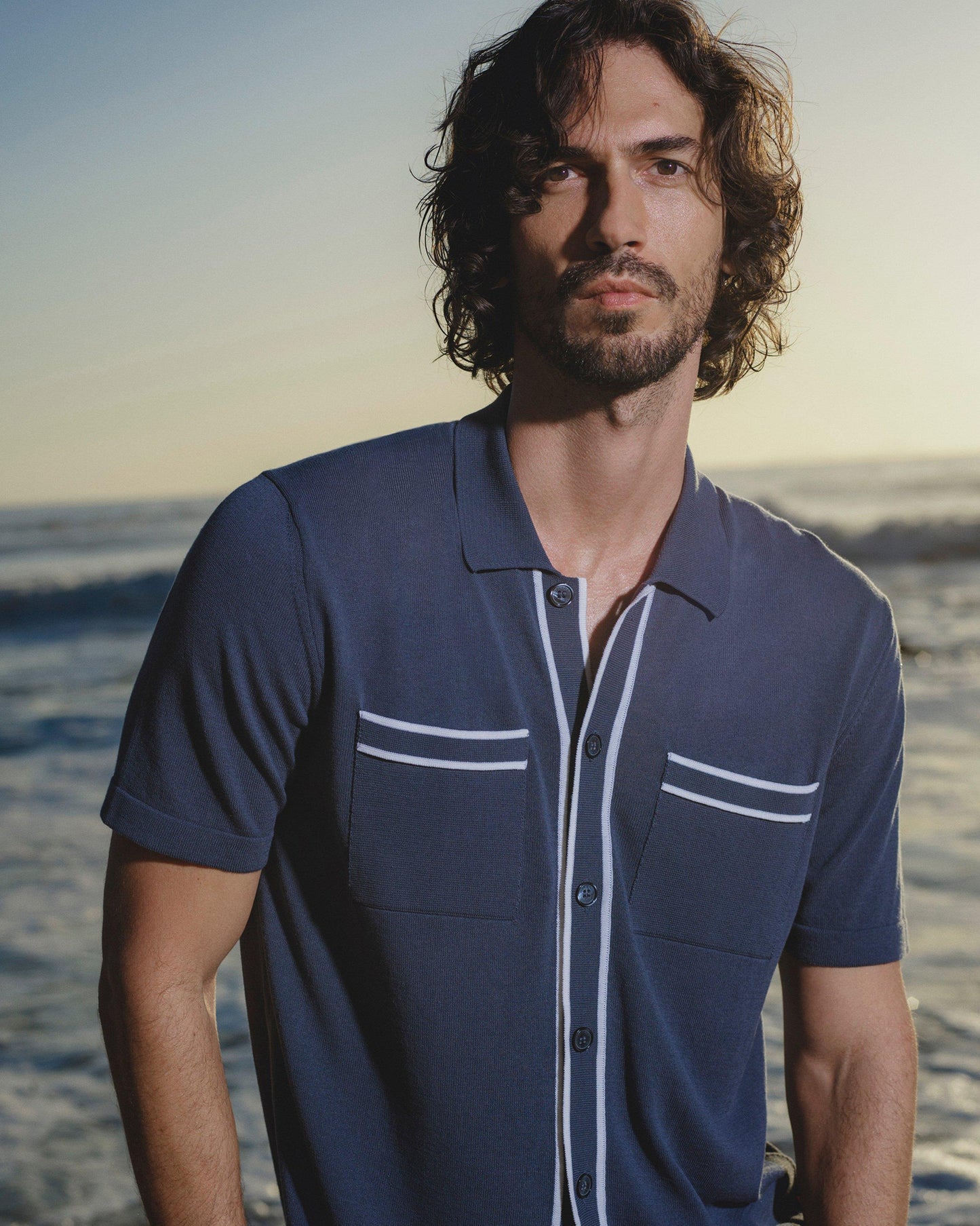 Keeling - Mens Granite/White Sand Tailored Fit Silk Crepe Shirt Campaign Image