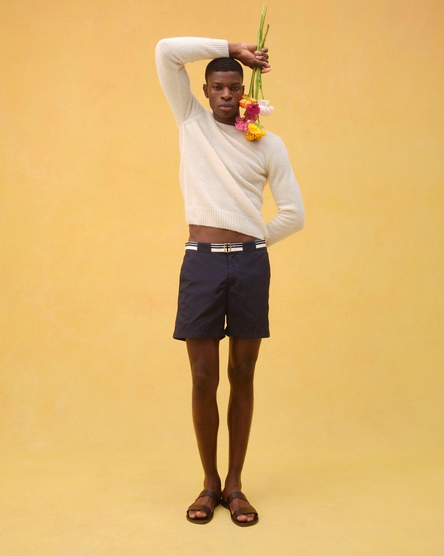 Bulldog - Mens Mid-Length Border Stripe Belt Swim Shorts In Night Iris Blue Campaign Image