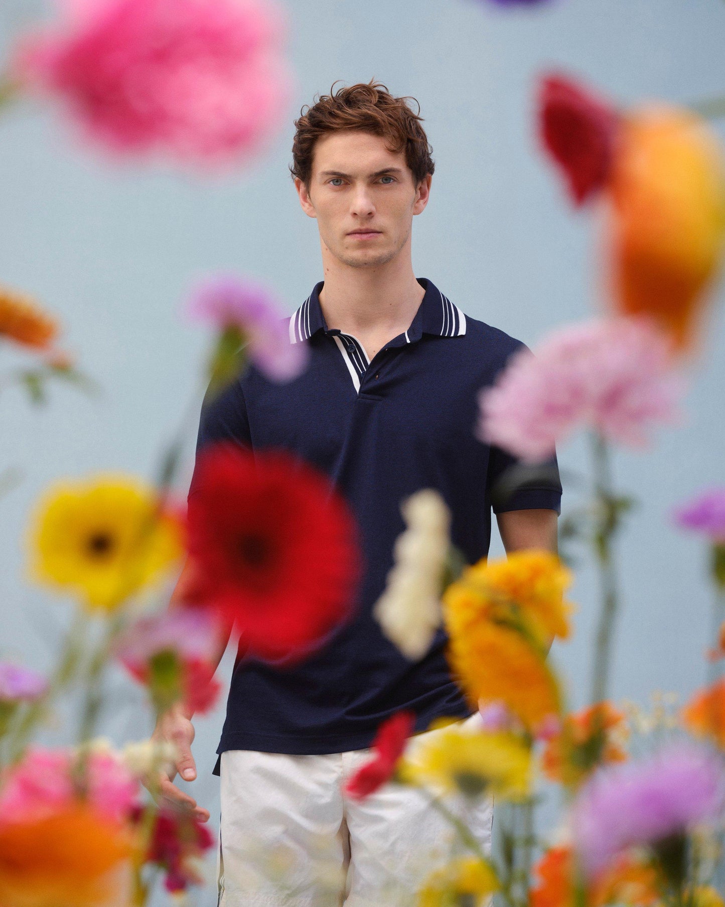 Dominic Stripe - Classic Fit Border Stripe Polo Shirt In Night Iris Blue Campaign