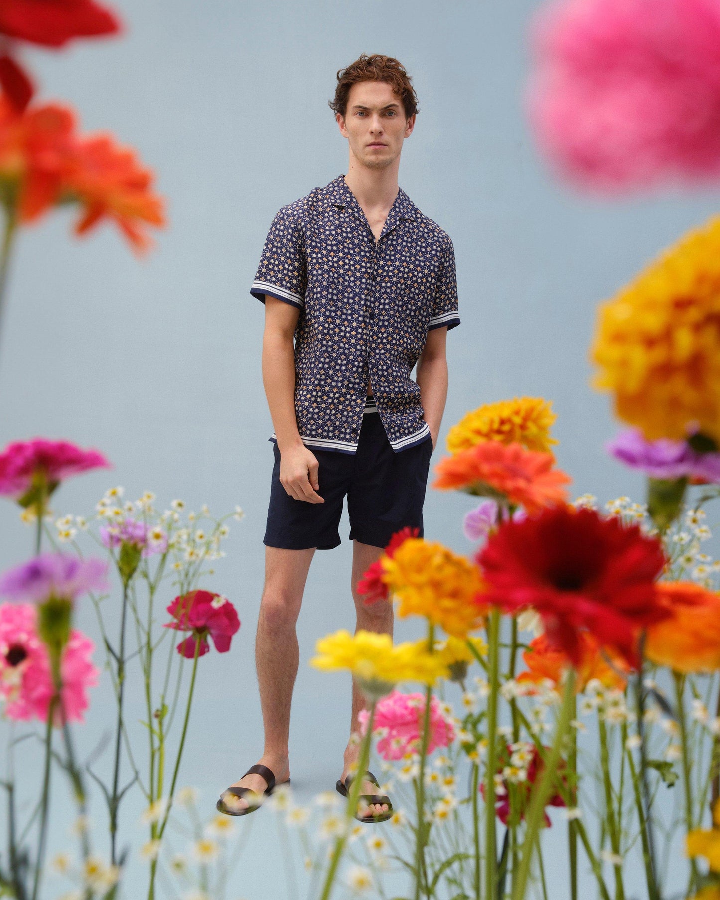 Hibbert - Mens Fiore Print Classic Fit Capri Collar Shirt In Night Iris Blue Campaign Image